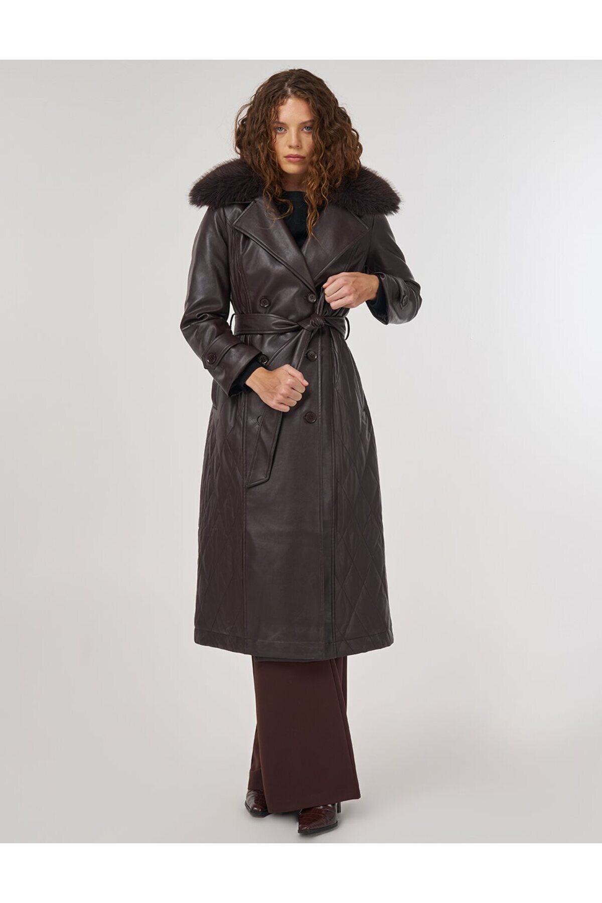 Kayra Suni Kürklü Deri Kaban Kahve
