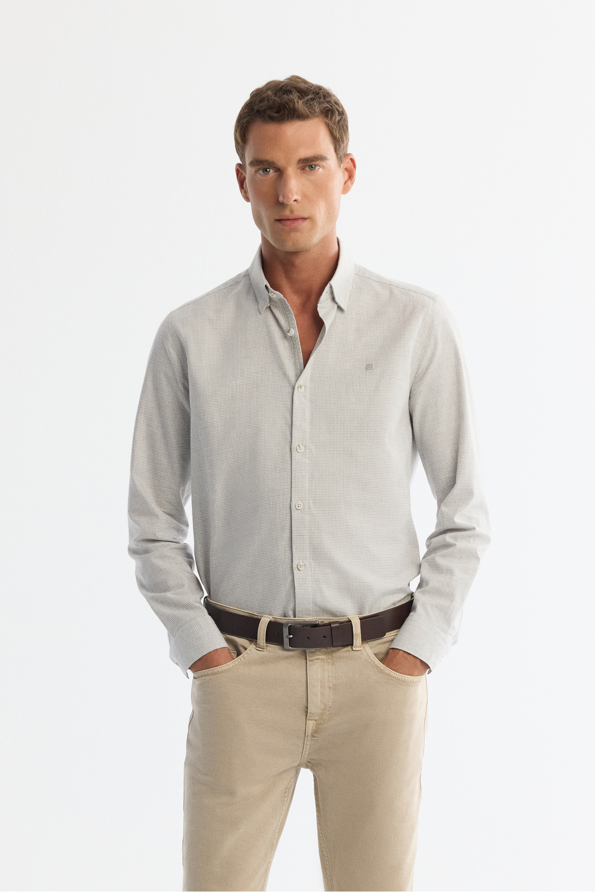 Avva Erkek Gri Düğmeli Yaka %100 Pamuk Flanel Slim Fit Gömlek A42Y2002