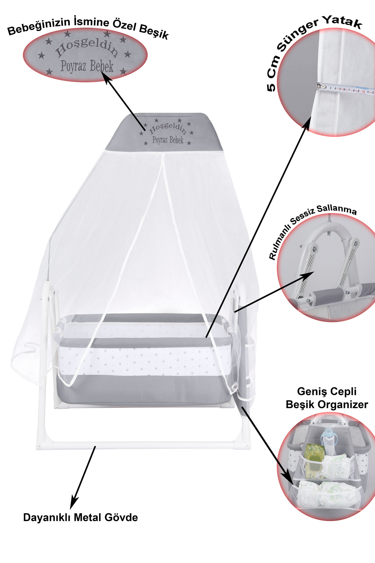 CHUBBY BABY İsme Özel Sallanır Beşik 5 cm Sünger Yataklı Organizerli Tüllü Cibinlikli Bebek Beşiği