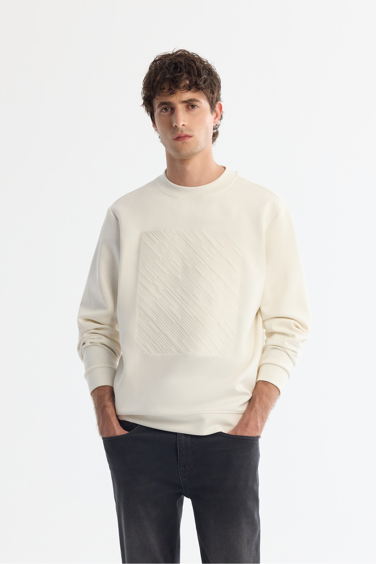 Avva  Erkek Ekru Bisiklet Yaka Pamuklu Baskılı Elastan Regular Fit Sweatshirt A42Y1243