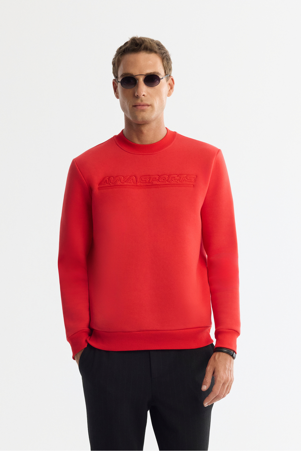 Erkek Kırmızı Bisiklet Yaka 3 İplik Şardonlu Baskılı Regular Fit Sweatshirt A42Y1306