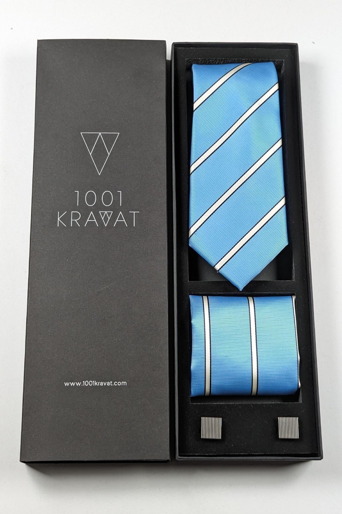  ست هدیه کراوات آبی با پوشت و دکمه سرآستین