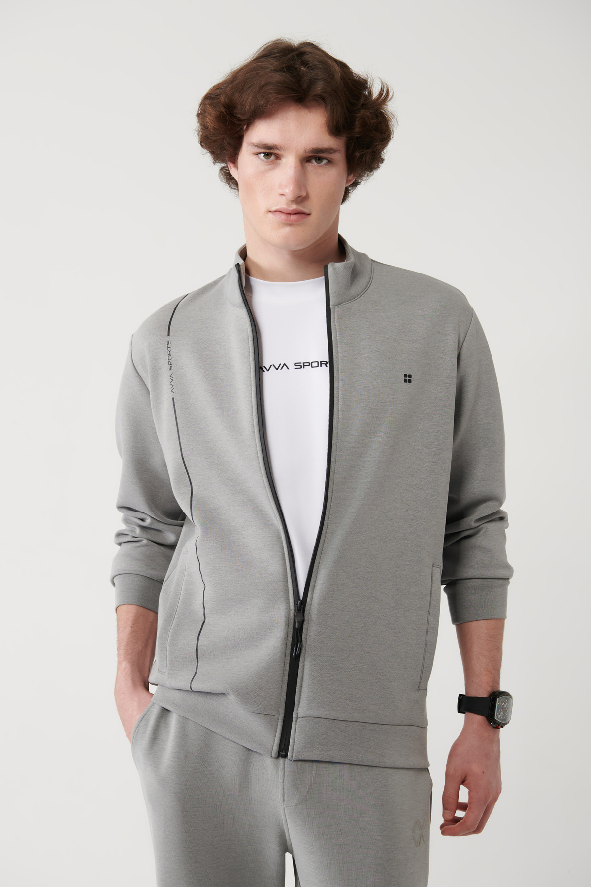 آوا سویشرت مردانه یقه ایستاده خاکستری طرح‌دار با چاپ نرم و فیت معمولی A41Y1225