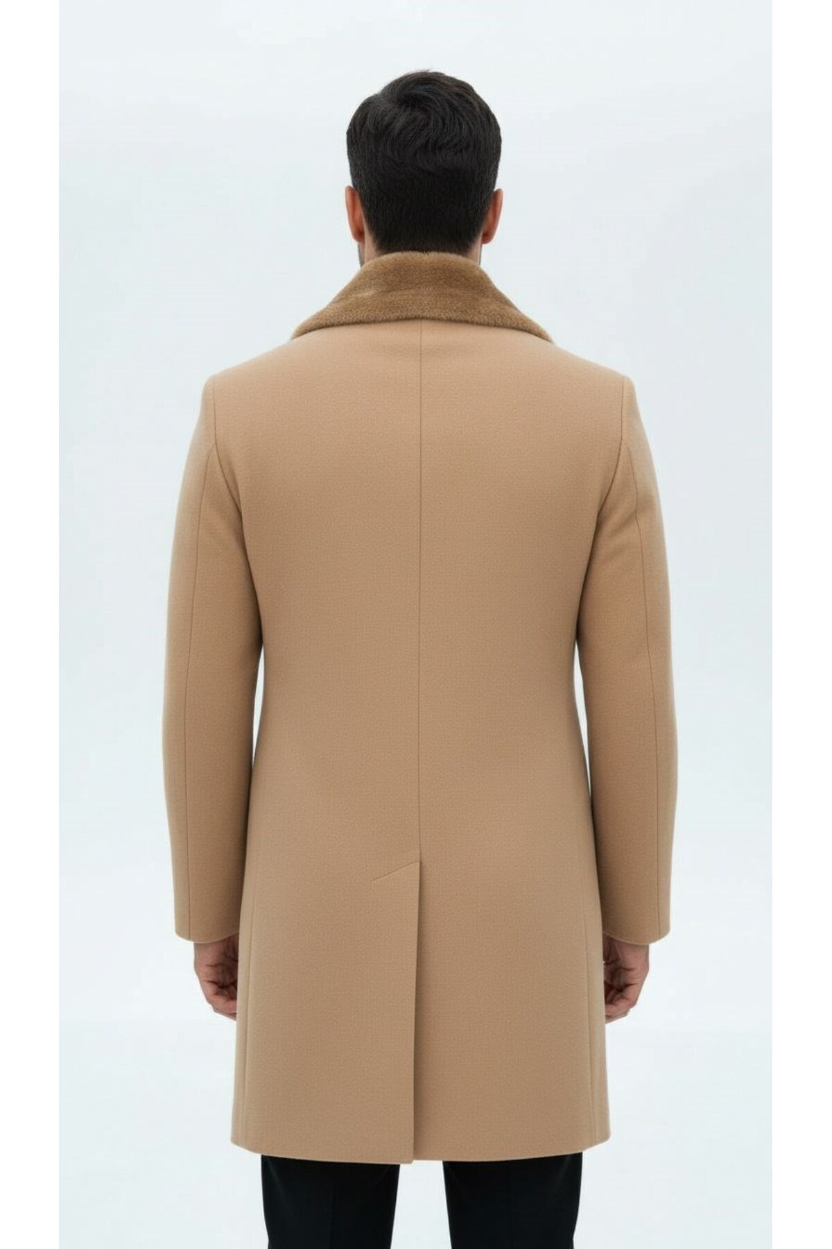 Plus Scorpion Erkek Uzun Kaşe Kaban, Çıkartılabilir Kürk Yaka, Astarlı ve Cepli Slim Fit Mont (Bej, görsel 6