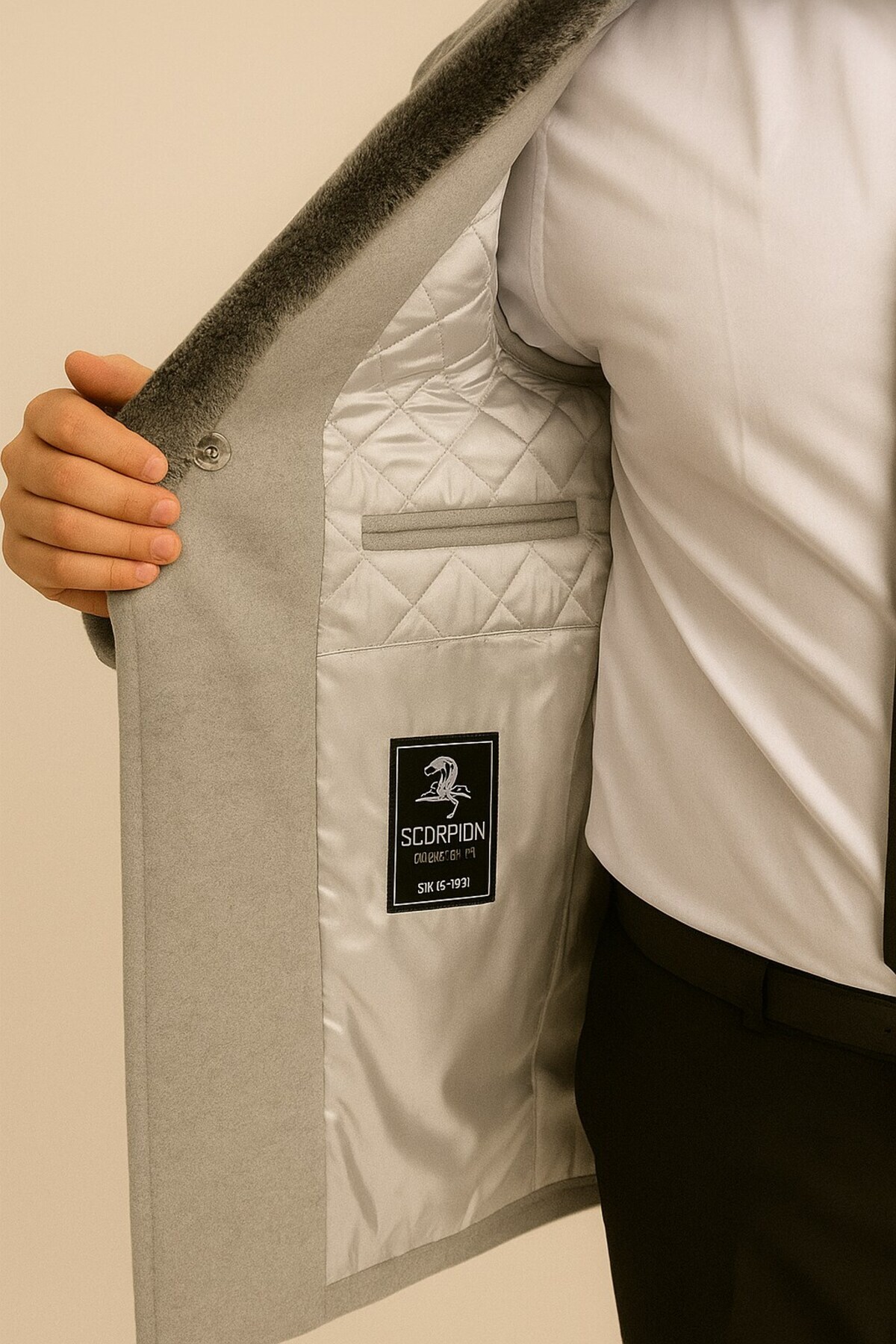 Plus Scorpion Erkek Uzun Kaşe Kaban, Çıkartılabilir Kürk Yaka, Astarlı ve Cepli Slim Fit Mont (Bej, görsel 5