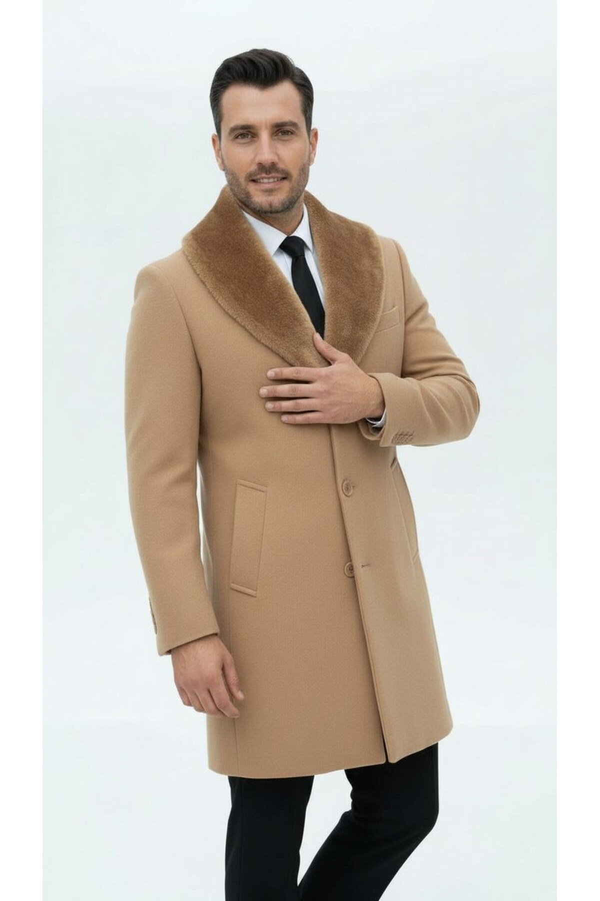 Plus Scorpion Erkek Uzun Kaşe Kaban, Çıkartılabilir Kürk Yaka, Astarlı ve Cepli Slim Fit Mont (Bej, görsel 4