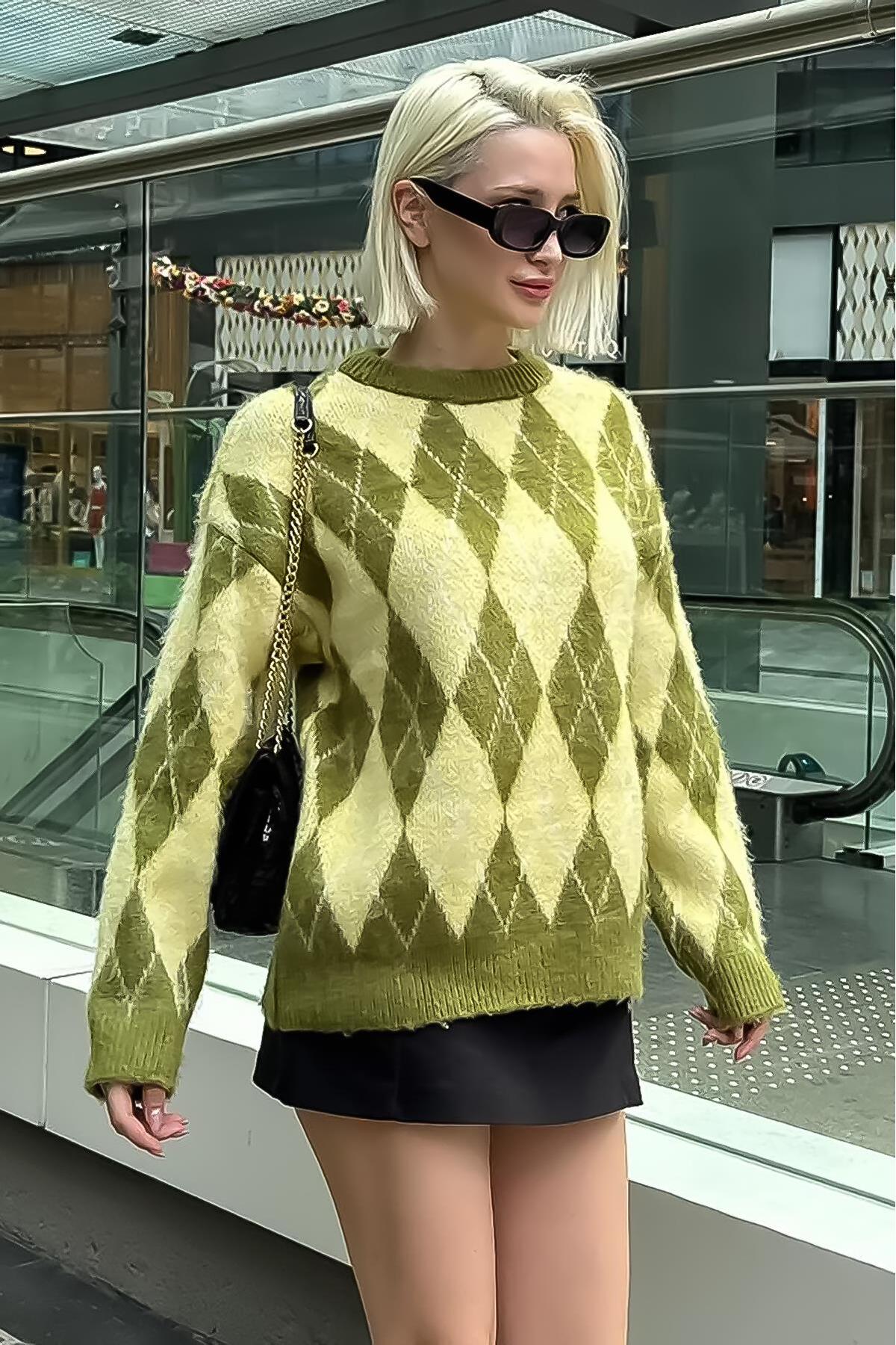 Madmext Yeşil Bisiklet Yaka Şardonlu Baklava Desenli Kazak Mg2493 görsel 6