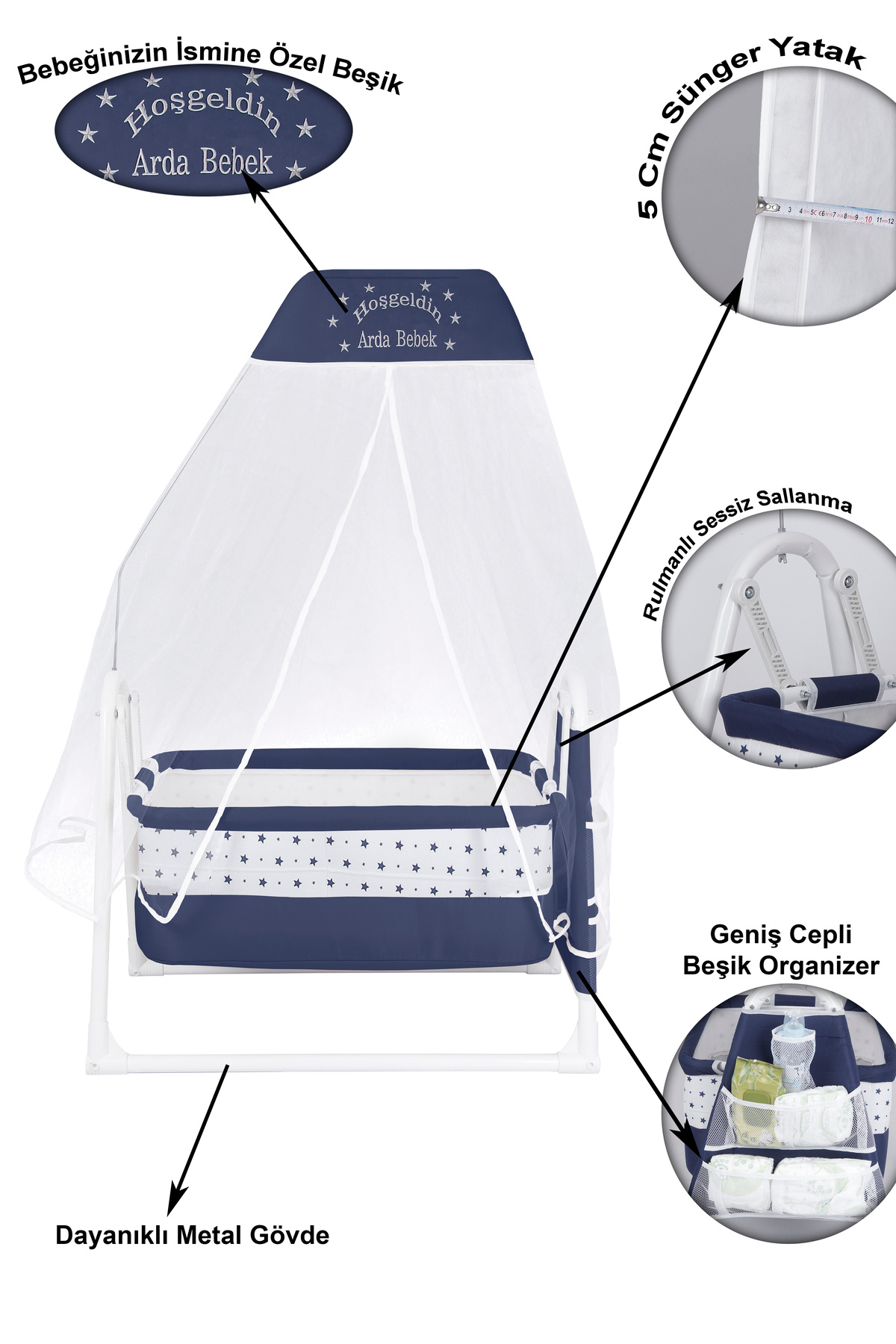 CHUBBY BABY İsme Özel Sallanır Beşik 5 cm Sünger Yataklı Organizerli Tüllü Cibinlikli Bebek Beşiği