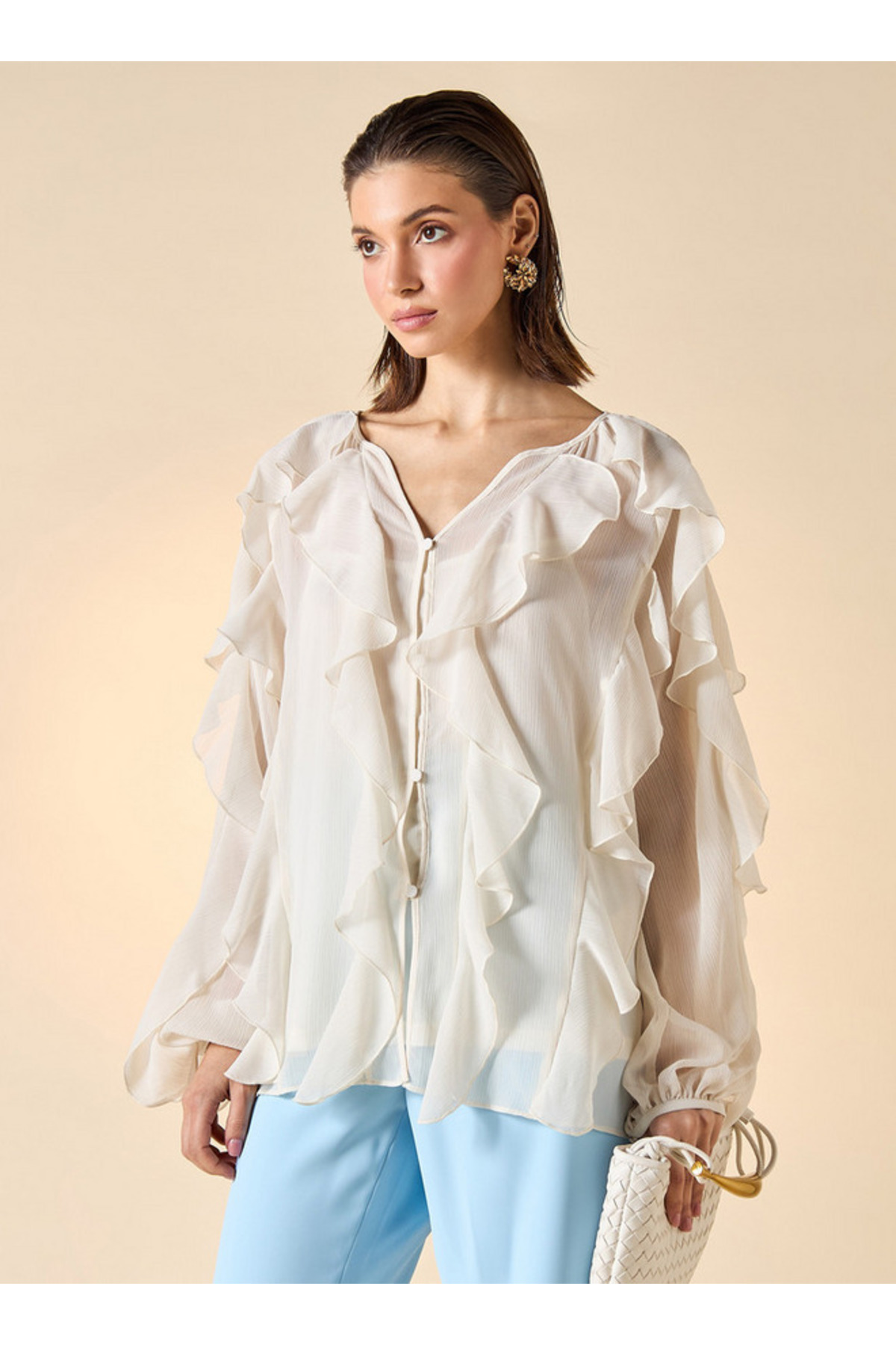 Iconic Iconic Ruffle Detail Top with V-neck and Long Sleeves- Trendyol