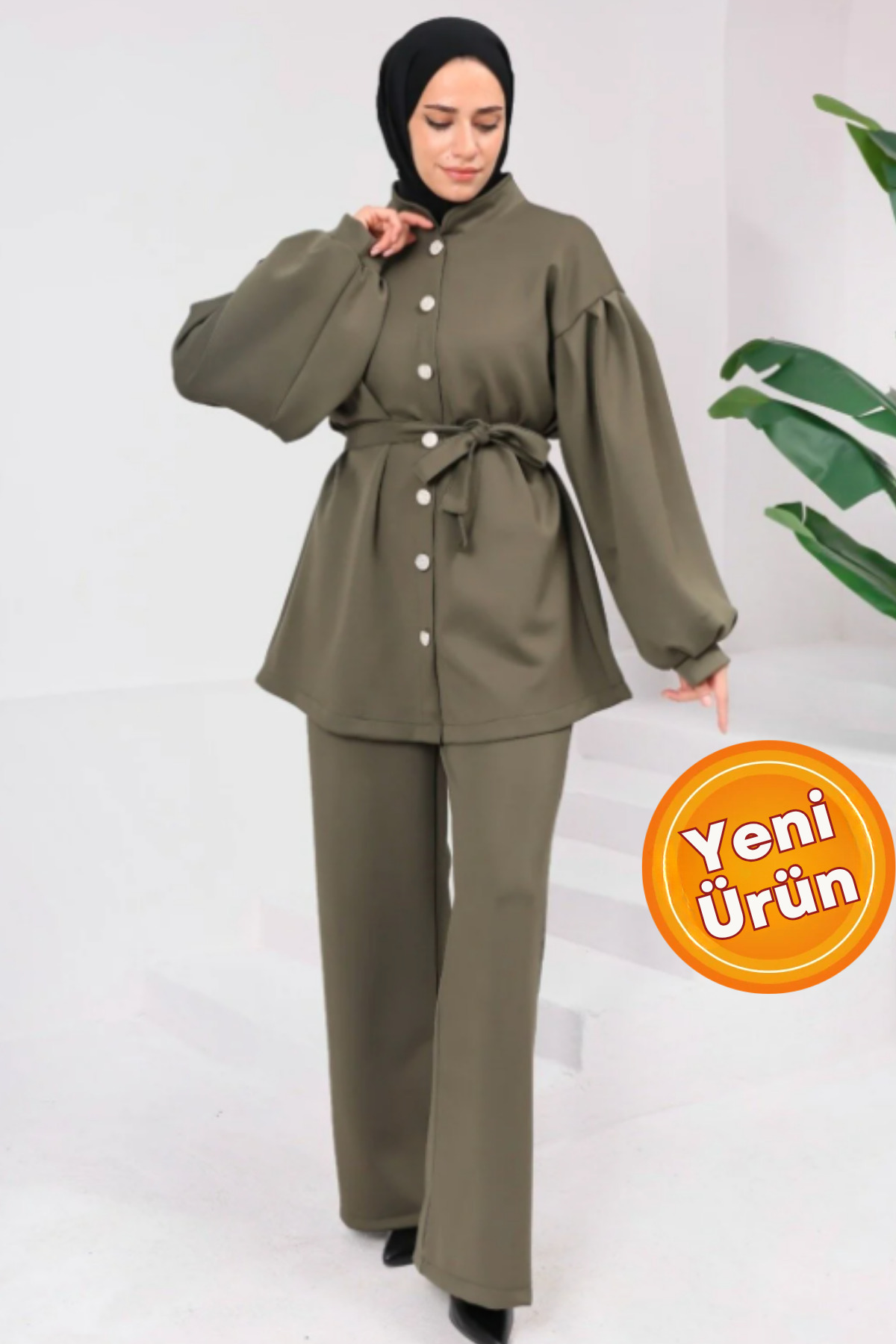 onlymoon Haki Scuba Kumaş Alt Üst Takım ♦ Full Düğmeli ♦ Kuşaklı ♦ Kadın Tesettür Takım ♦ Modern Rahat Kalıp
