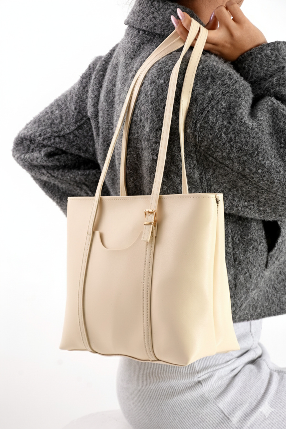 NWR BAGS Krem Kadın Omuz Ve Kol Çantası 25x34 Ebatında görsel 2