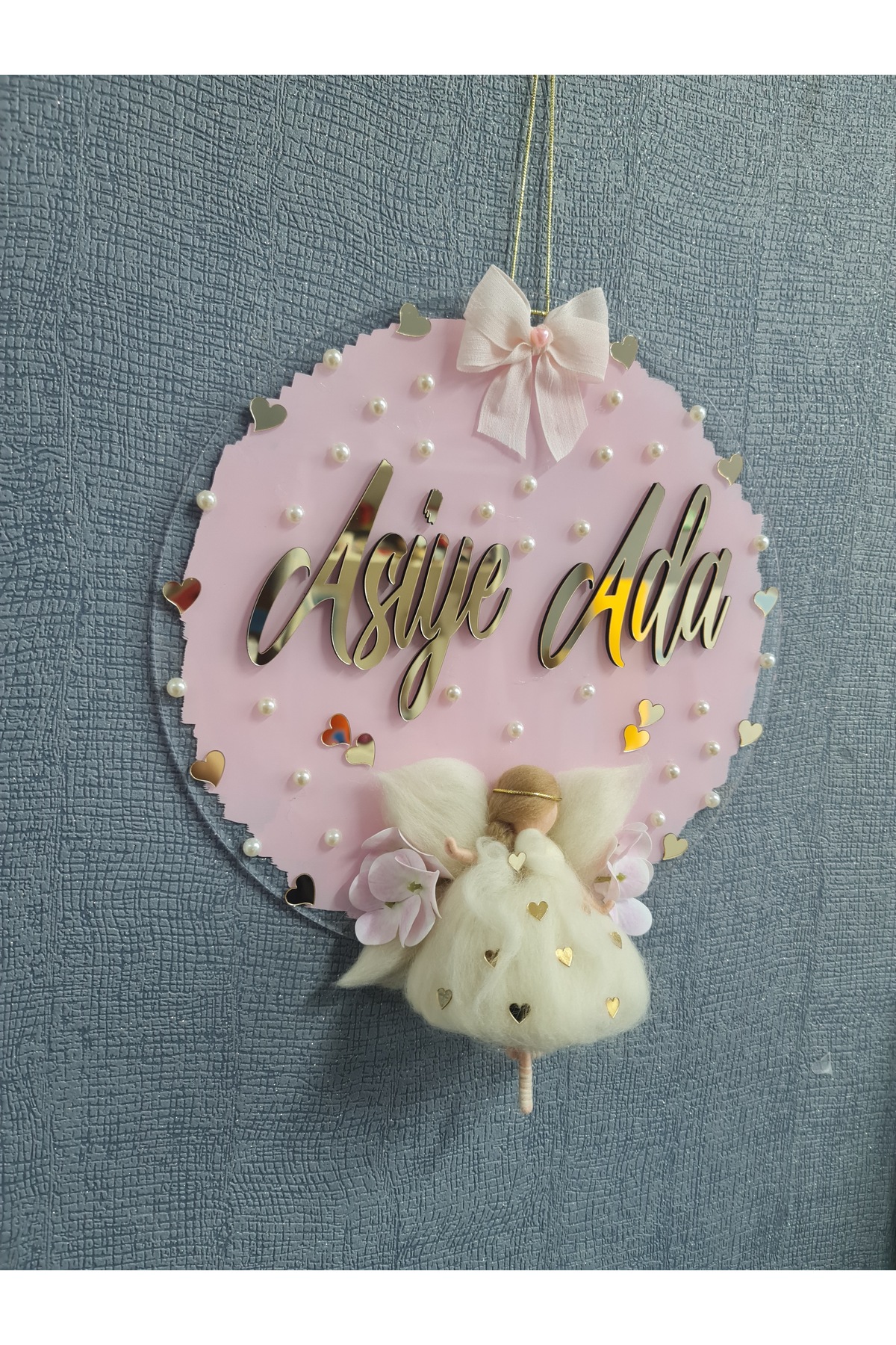 buketiket Dekoratif Keçe Peri Bebek Toz Pembe Boyalı Pleksi Hastane Doğum Bebek Çocuk Kapı Süsü fotoğrafı 5 (önizleme)