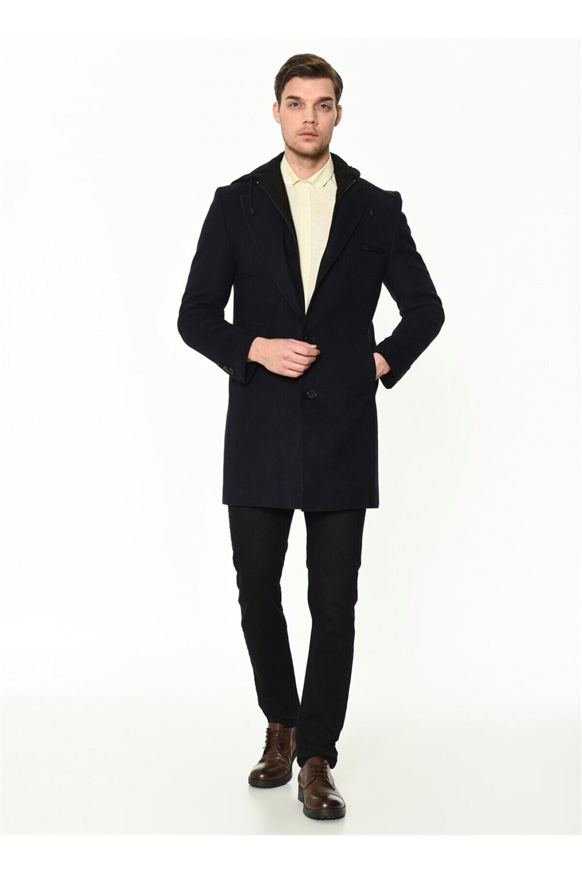 Erkek Palto Kaşe Sıcak Tutan Şık Günlük Klasik Trend Model — سرمه‌ای 1020001P8371006 — تصویر 2 از 5