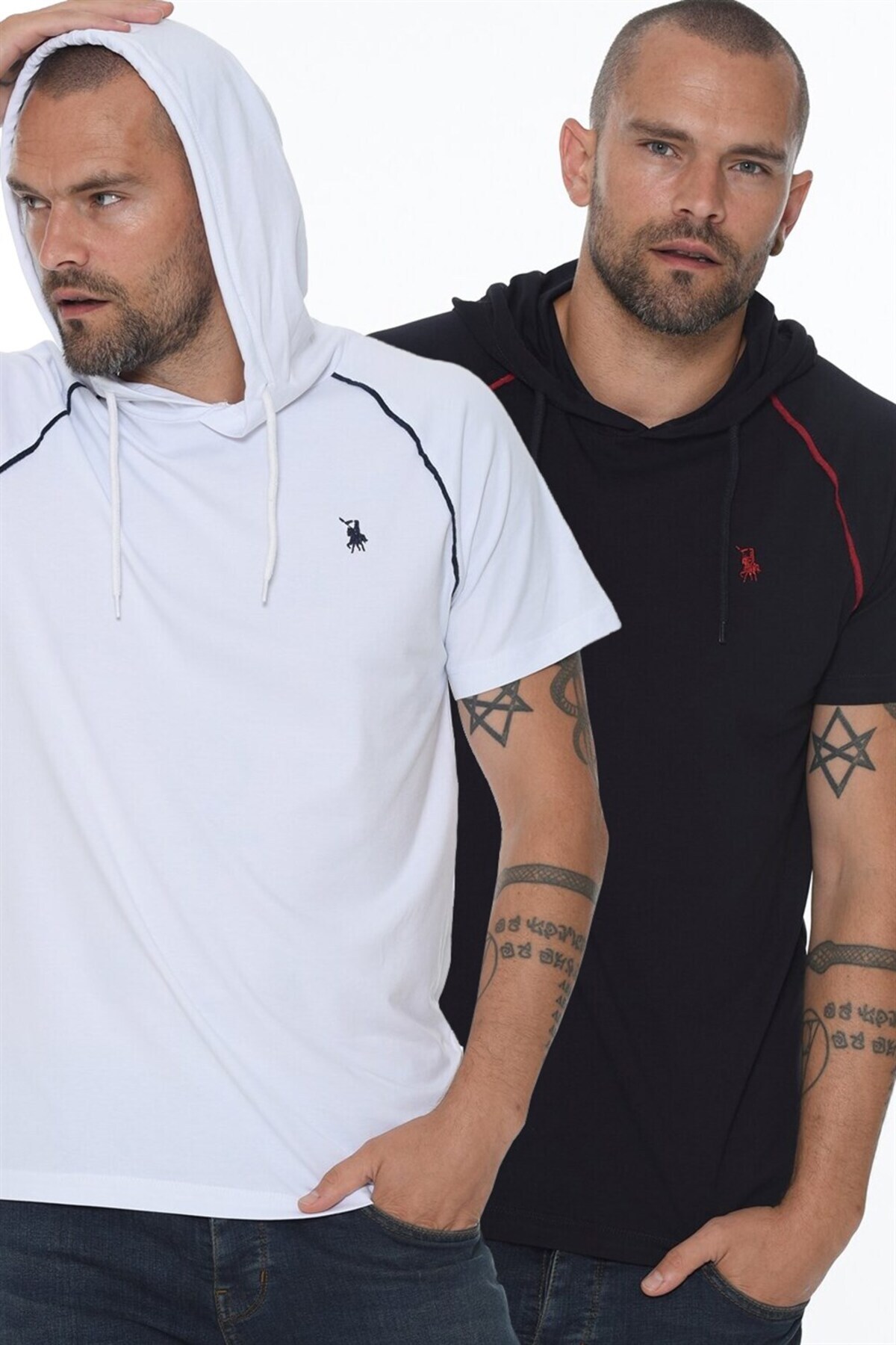 دوبری تی‌شرت مردانه کلاه‌دار T8570 - سفید - سرمه‌ای - ست دوتایی