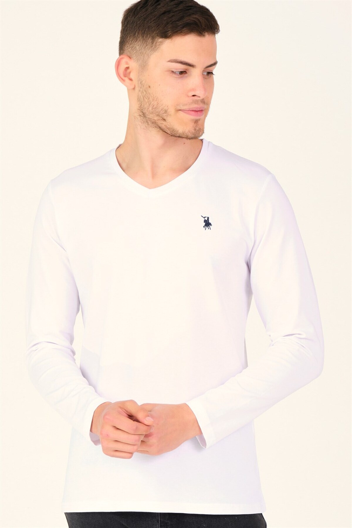 دوبری تی‌شرت آستین بلند مردانه T8587 یقه هفت - سفید روشن