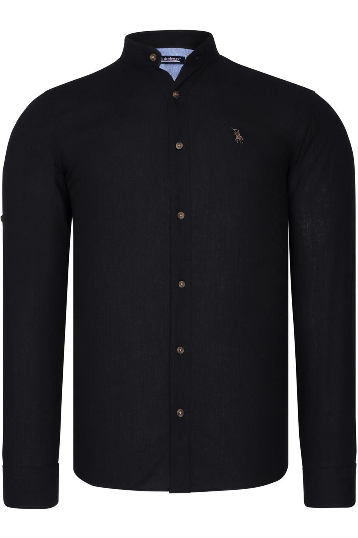 دوبری پیراهن مردانه یقه گرد طرح توت فرنگی ماندارین G784 - مشکی