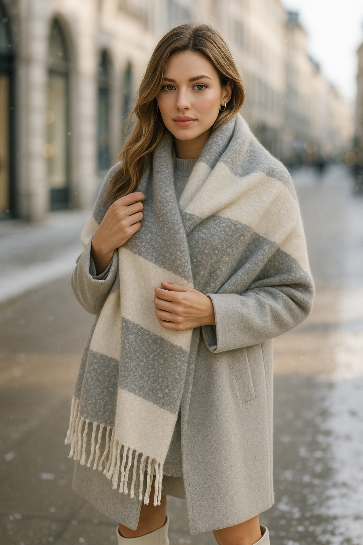 Luminos Butik Plaid Patterned Soft Textured Scarf - Warm, Tassel, Gray, White, Beige Sal1284