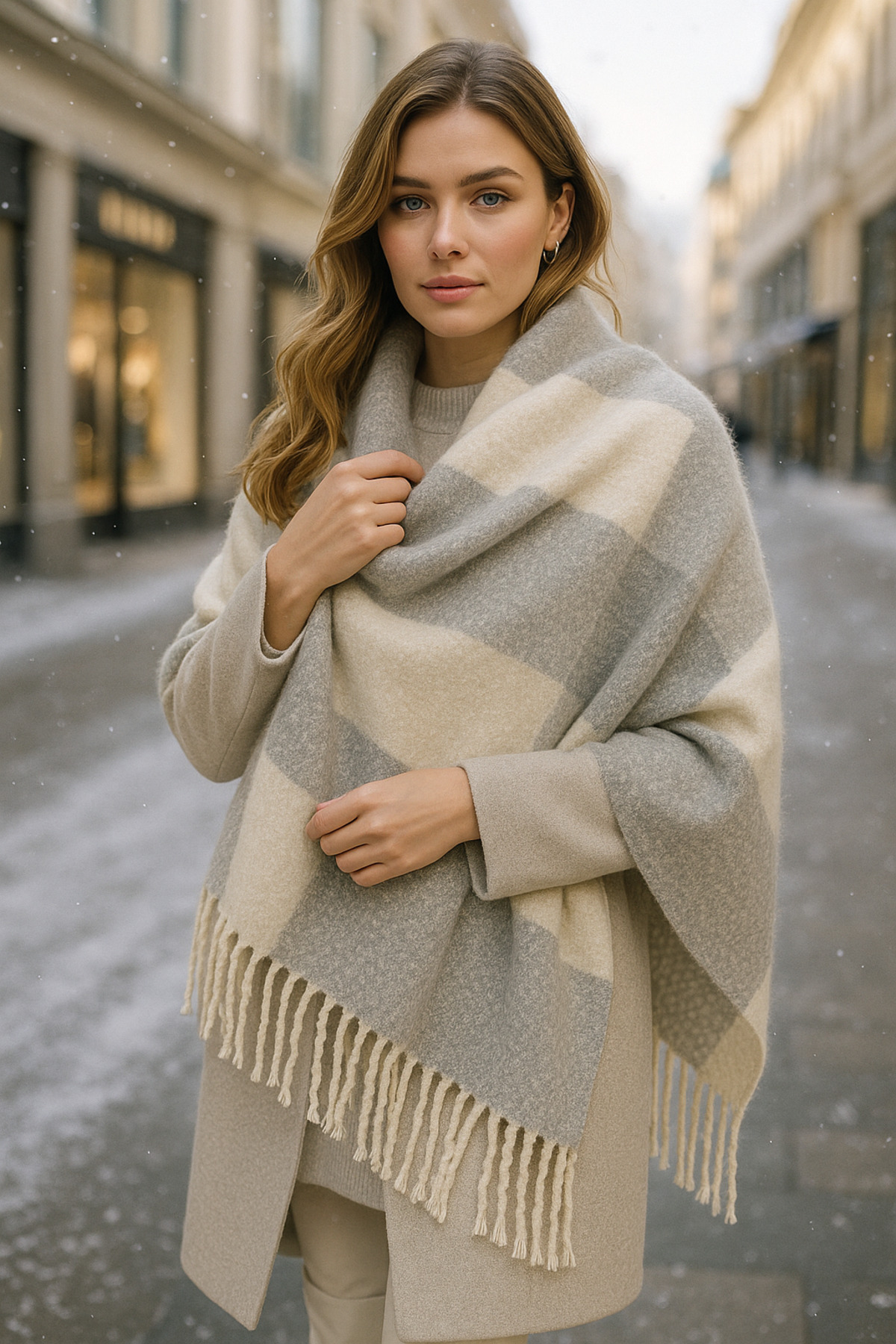 Luminos Butik Plaid Patterned Soft Textured Scarf - Warm, Tassel, Gray, White, Beige Sal1284