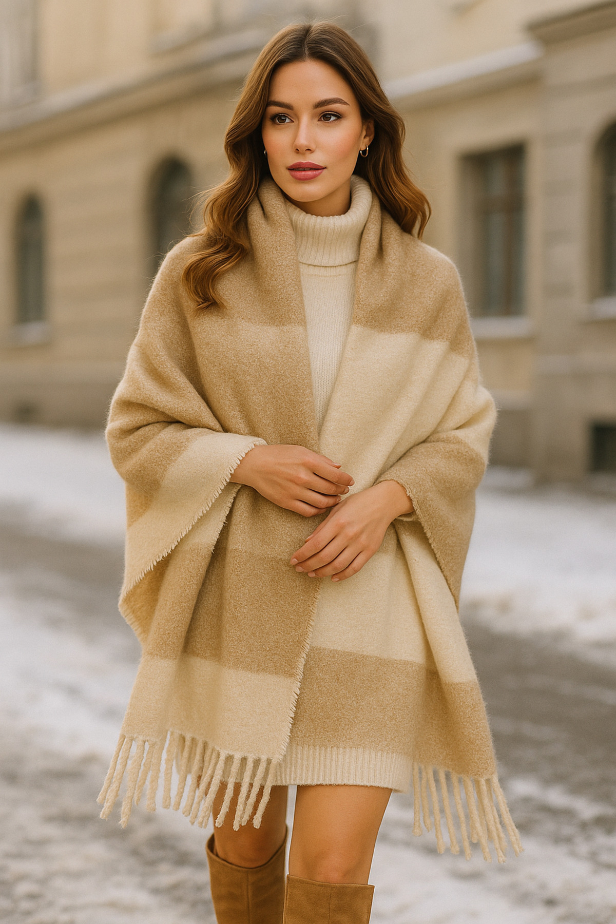 Luminos Butik  Kadın Bej Püsküllü Buklet Atkı - Şal 45x200 Cm Sal1284 - Görsel 5