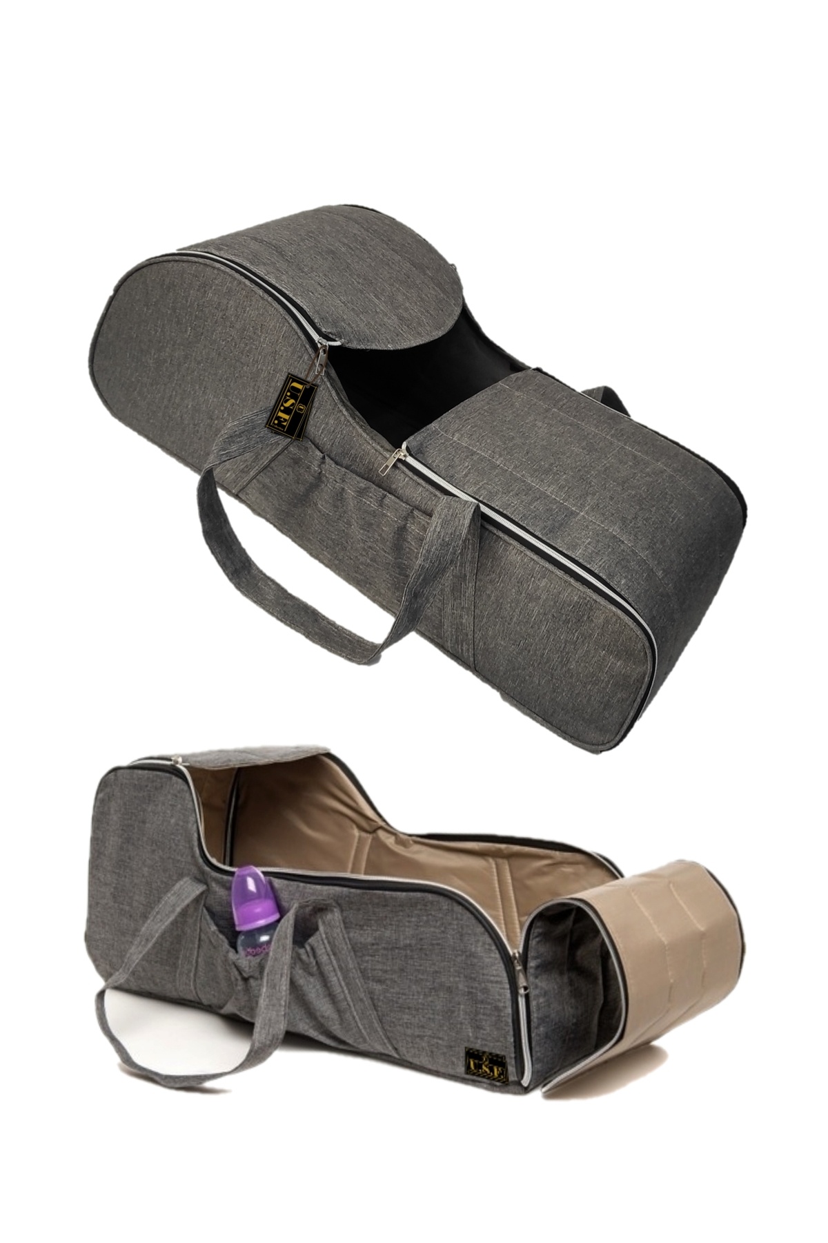 USF Ana Kucağı Puset Bebek Taşıma + Anne Bebek Bakım Çantası - Gri - Çizgili Gri Bordo fotoğrafı 6 (önizleme)