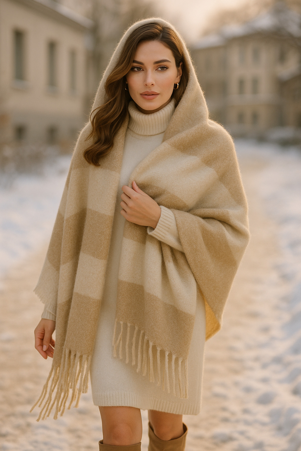 Luminos Butik  Kadın Bej Püsküllü Buklet Atkı - Şal 45x200 Cm Sal1284 - Görsel 6