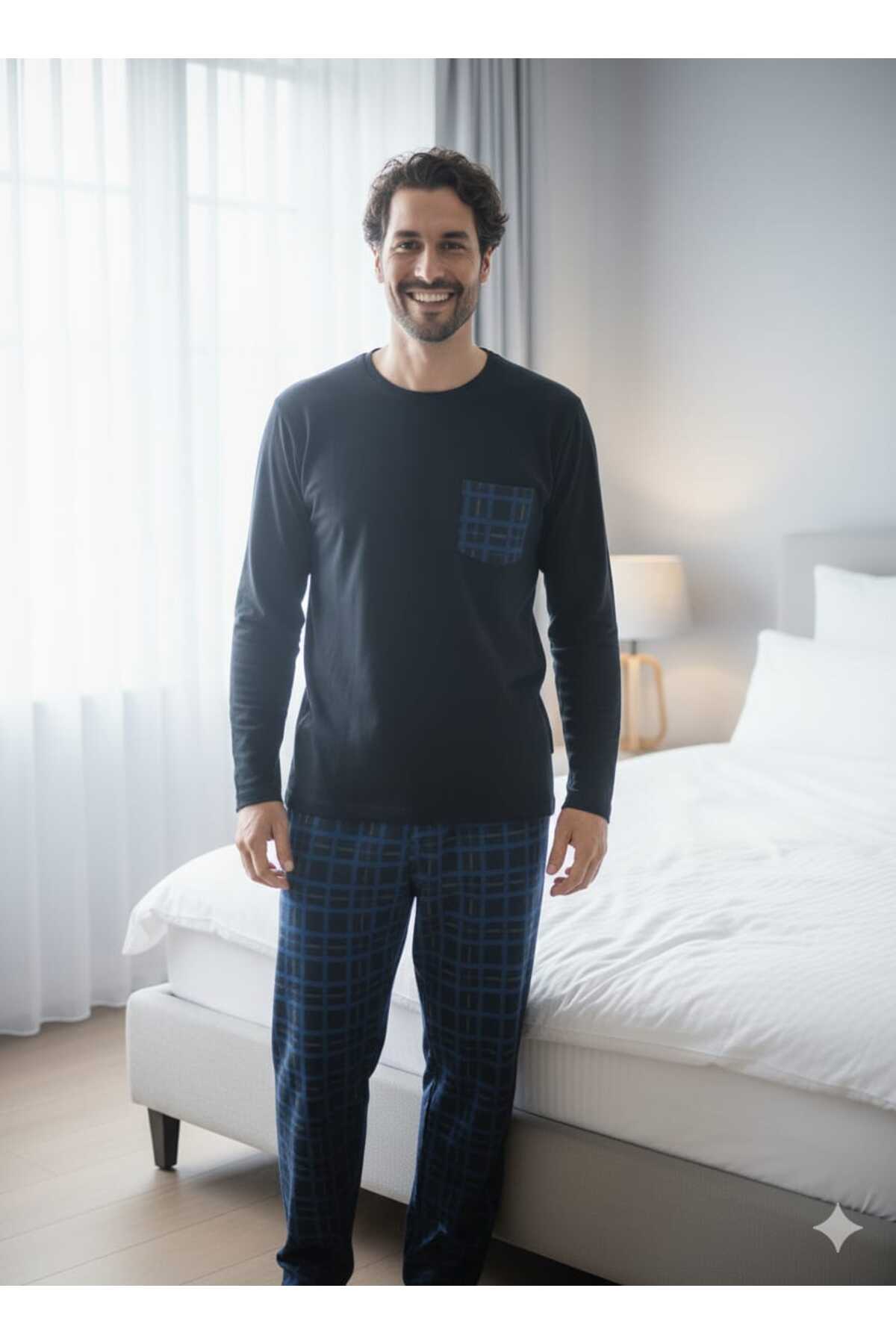 Sude HOMEWEAR Erkek Ekoseli Cepli Uzun Kollu Pijama Takımı görsel 4