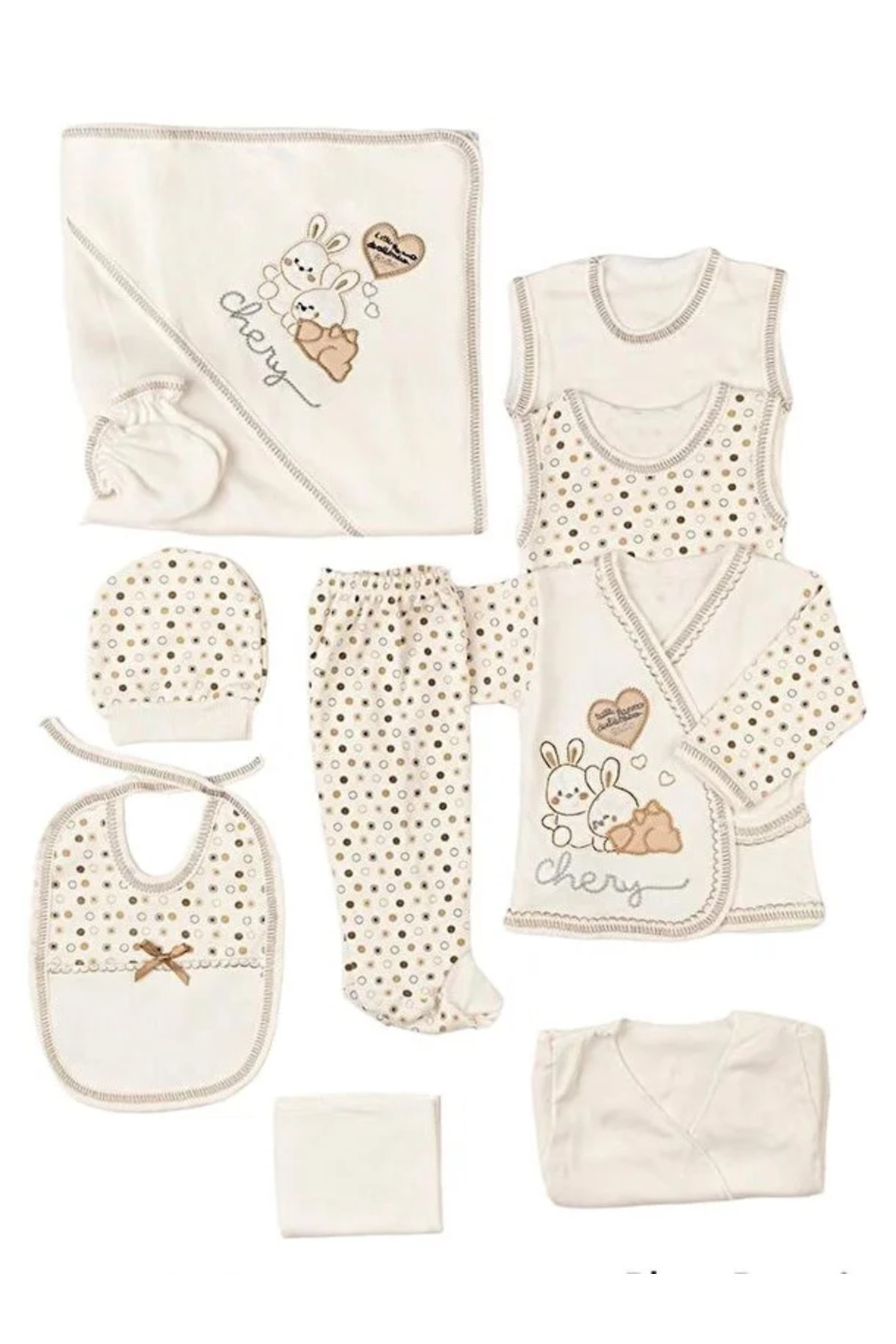 Kuzum Bebe 10 Parça Tavşan Nakışlı Kahverengi Hastane Çıkışı Yeni Doğan Zıbın Set