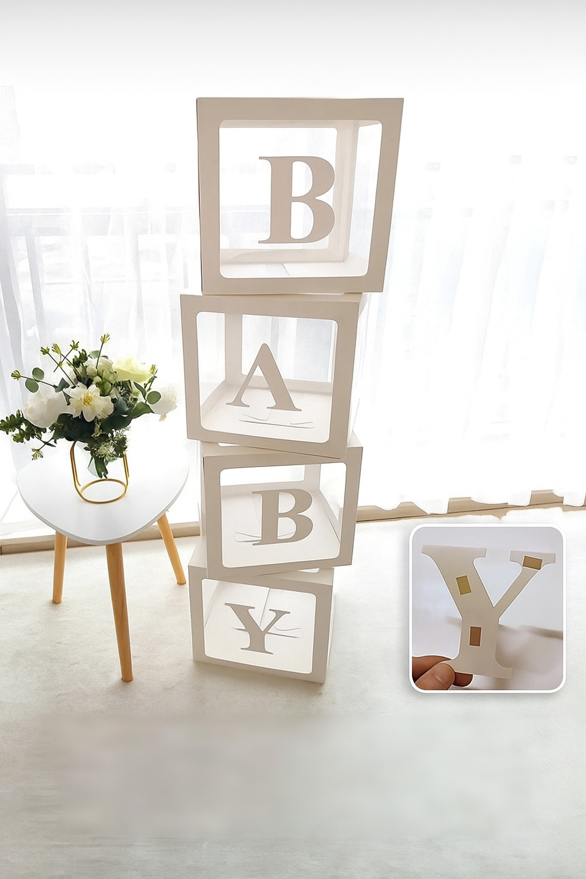 Öz-bal BABY Yazılı Beyaz Şeffaf Balon Kutusu 25X25 CM Yapışkan Harfli (ONE, BABY, BOY, GIRL)