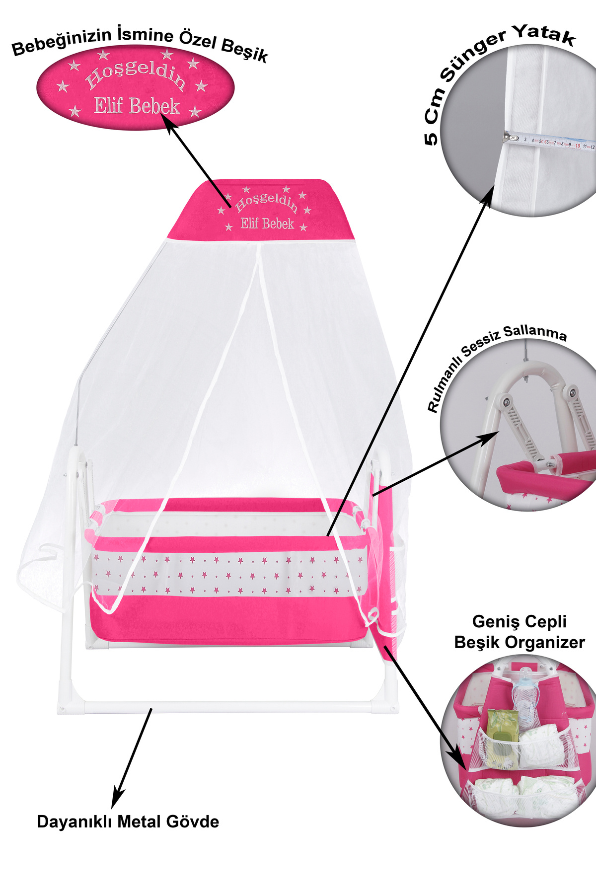 CHUBBY BABY İsme Özel Sallanır Beşik 5 cm Sünger Yataklı Organizerli Tüllü Cibinlikli Bebek Beşiği