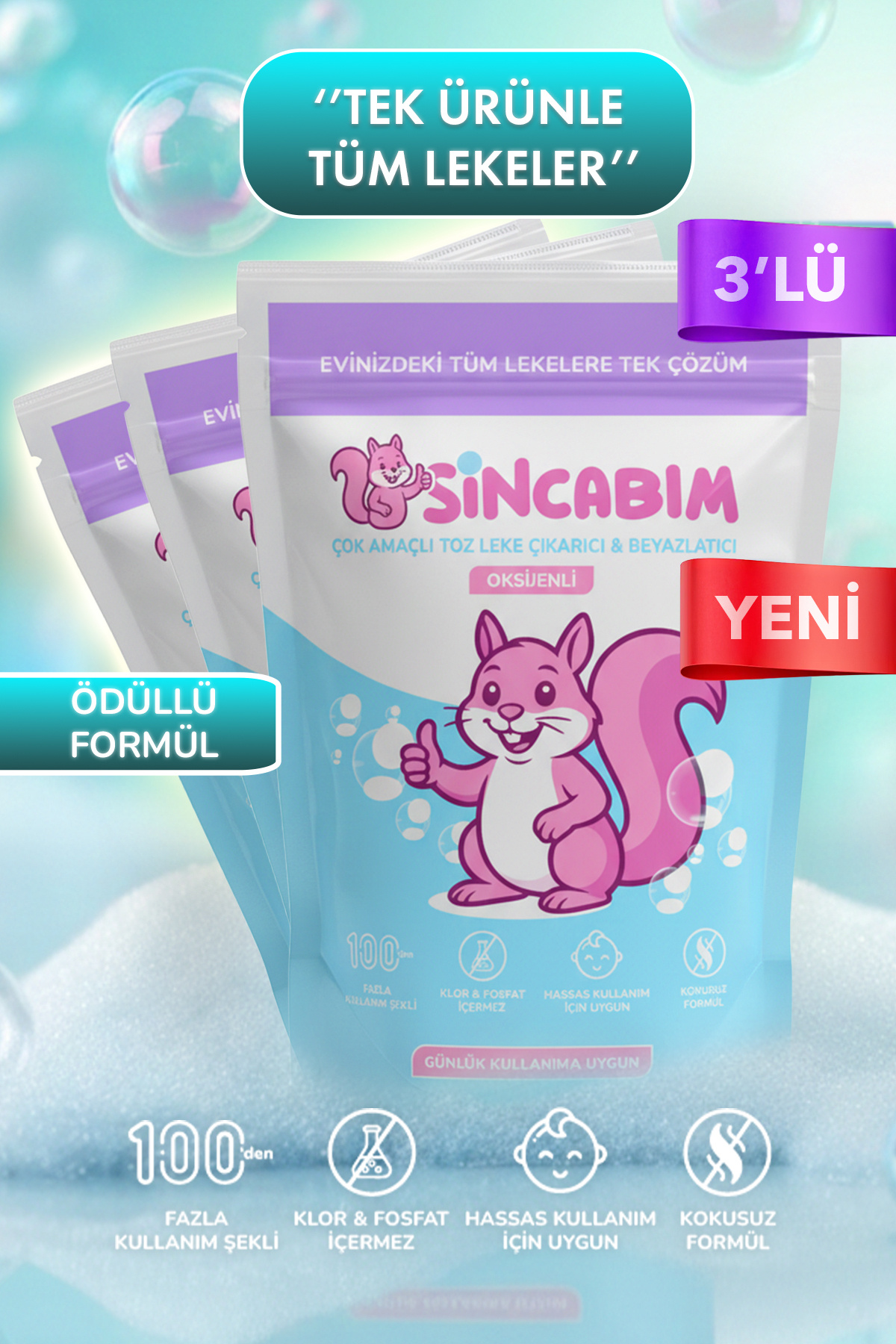 Sincabım Çok Amaçlı Oksijen Bazlı Toz Leke Çıkarıcı ve Beyazlatıcı 3x800 Gr