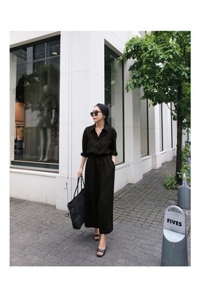 Toridas Keten Günlük Rahat Beli Bağcık Detaylı Uzun Kol Elbise