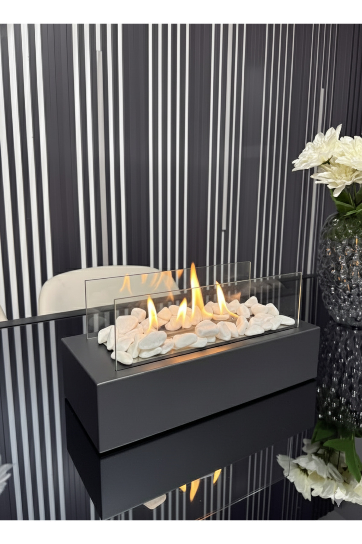 Mondelux Premium Metal Masaüstü Şömine - Antrasit / Sertifikalı Yakıt Ve Dekoratif Taş Hediyeli