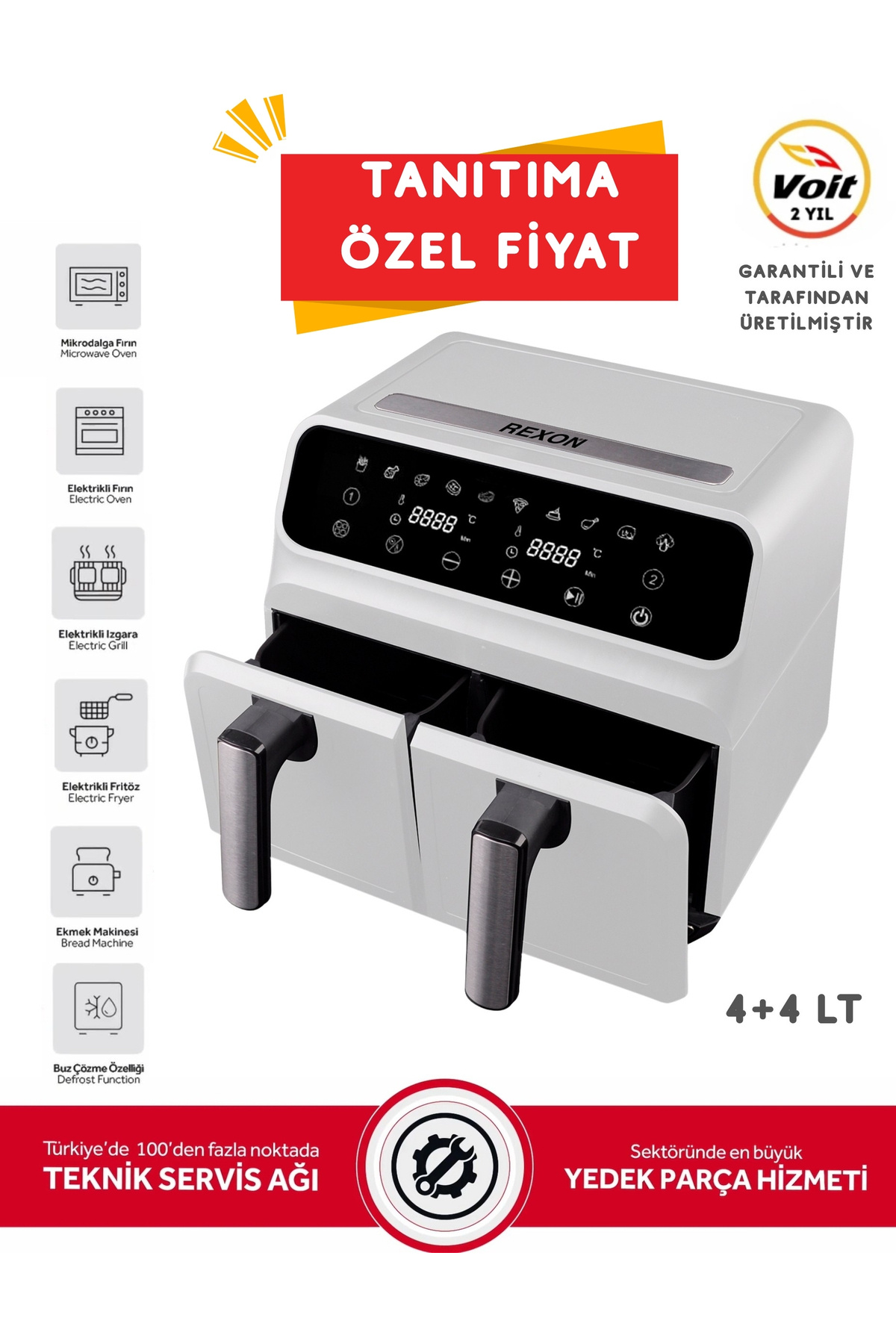 Rexon AirFryer Yağsız Fritöz XL 4+4 8 Litre Çiftl Hazne Ayrı Akıllı Pişirme Geniş Hacim Beyaz