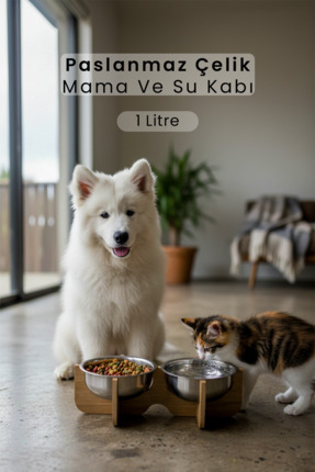 Siyempi 2'li Ahşap Kedi Köpek Mama ve Su Kabı Seti Yükseltilmiş Paslanmaz Çel...