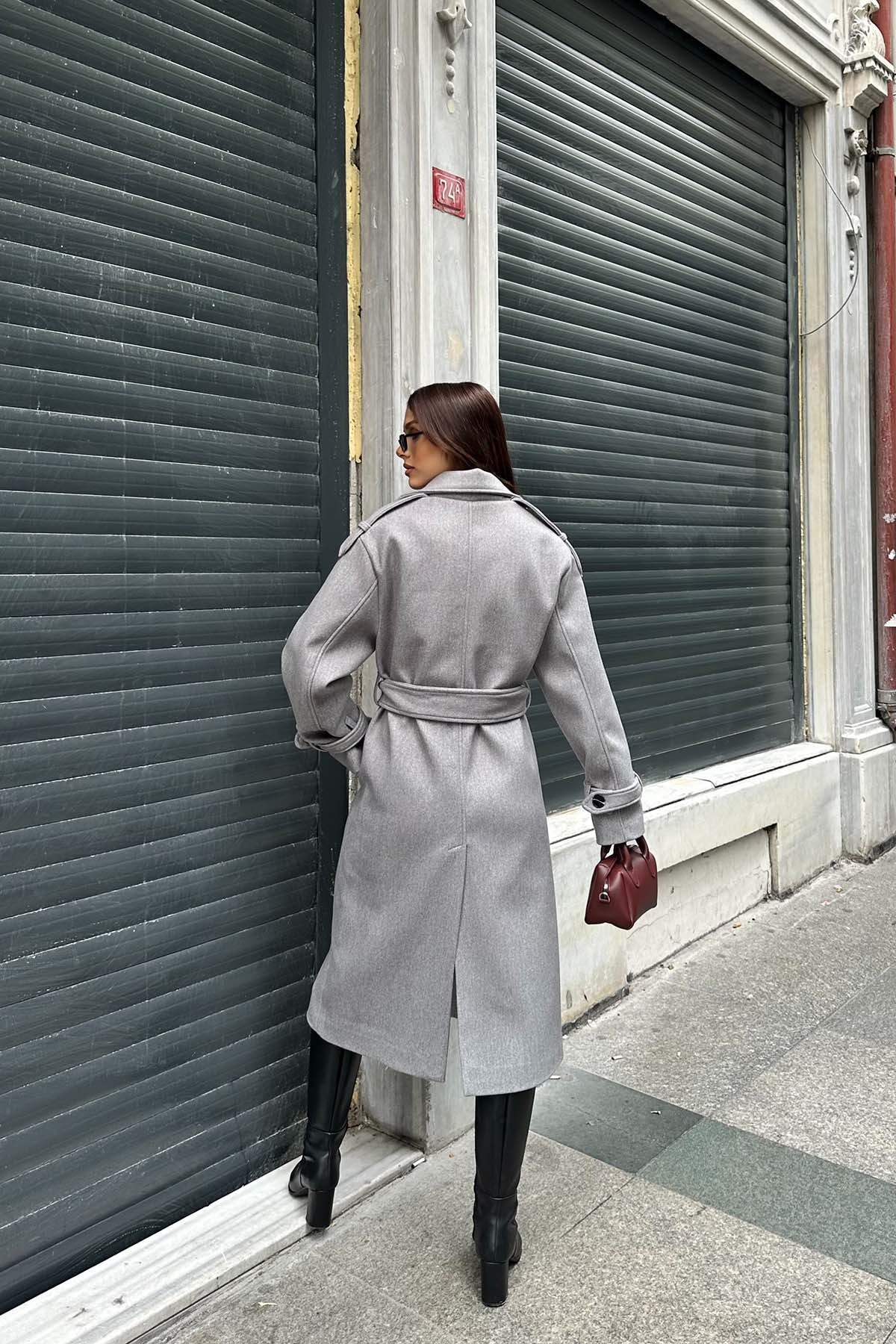 My Loore  Kadın Gri Oversize Kuşaklı Premium Kaşe Kaban | Geniş Kalıp & Cepli MLB077 - Görsel 9