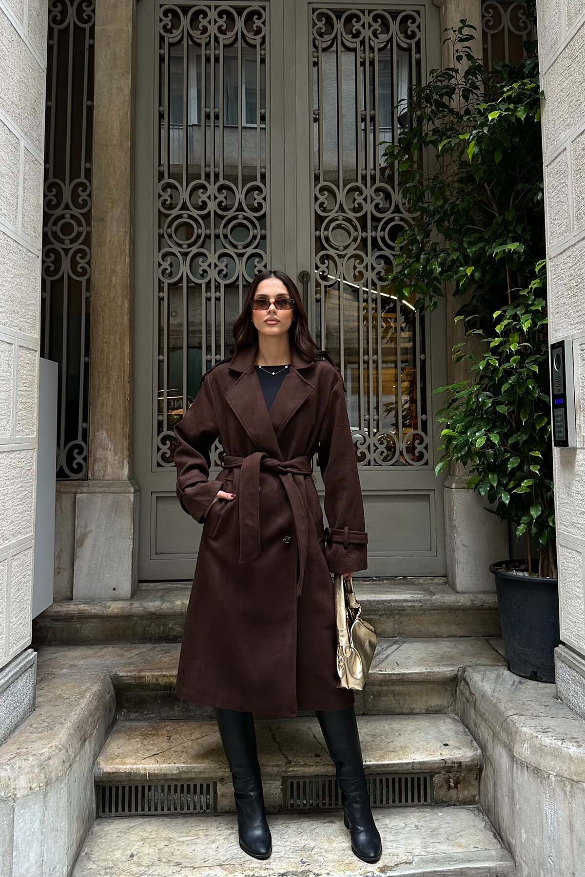 My Loore  Kadın Kahverengi Oversize Kuşaklı Premium Kaşe Kaban | Geniş Kalıp & Cepli MLB077 - Görsel 5