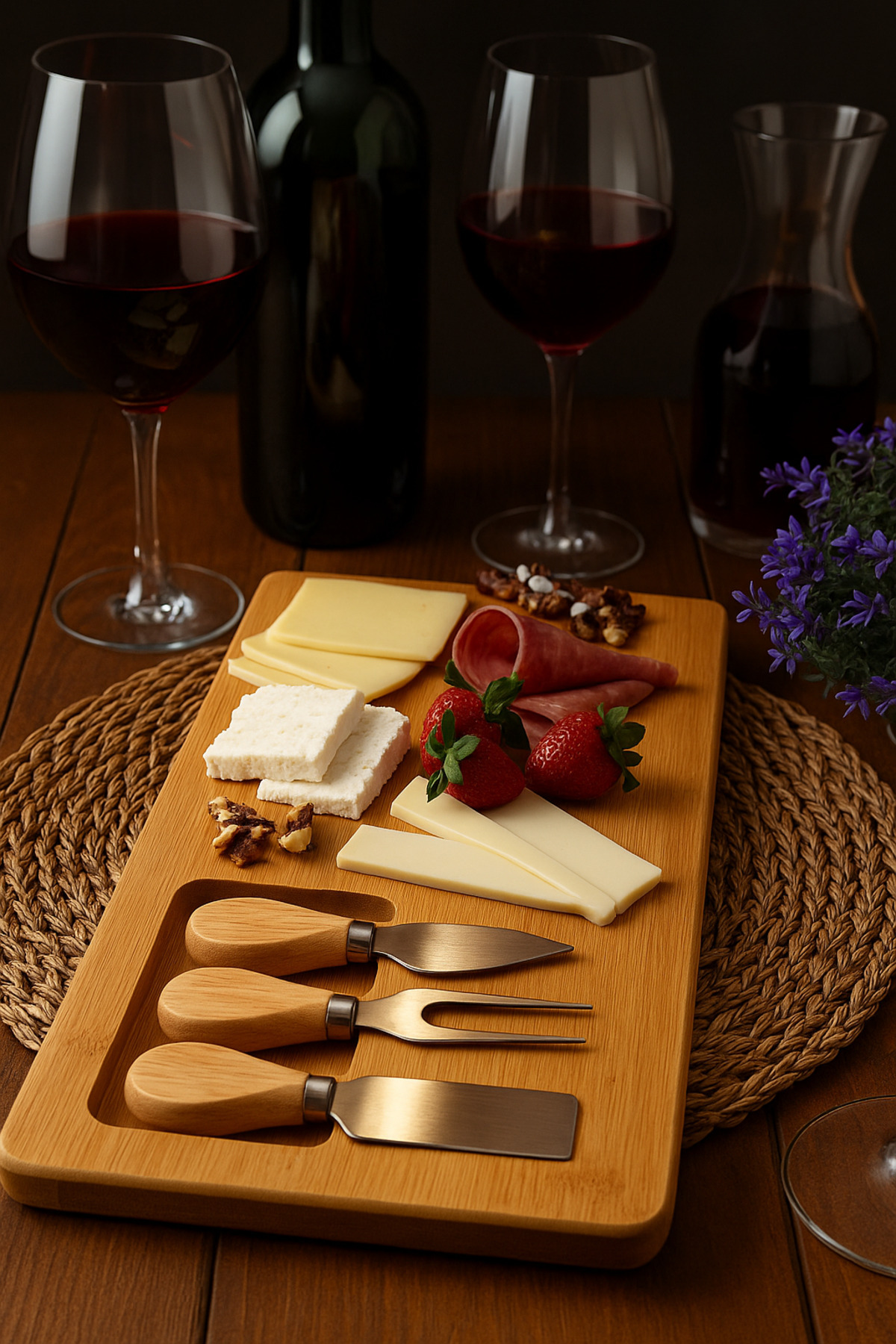 Genel Markalar 4 Parça Bambu Peynir Sunum Tahtası Ve Çatal - Spatula - Bıçak Seti, Peynir Kesim Panosu