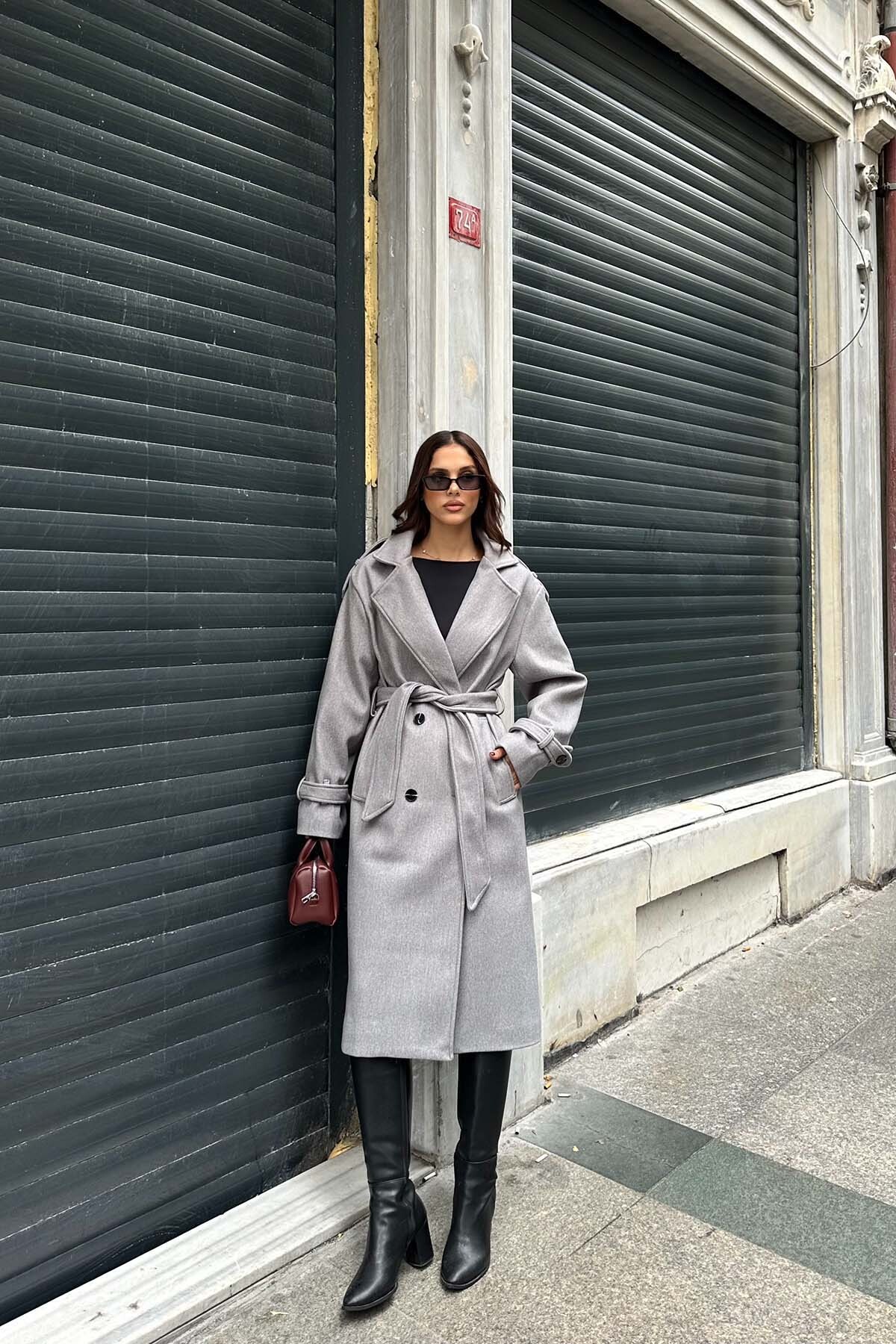 My Loore  Kadın Gri Oversize Kuşaklı Premium Kaşe Kaban | Geniş Kalıp & Cepli MLB077 - Görsel 7