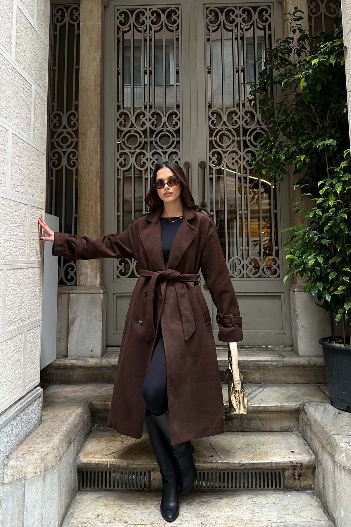 My Loore  Kadın Kahverengi Oversize Kuşaklı Premium Kaşe Kaban | Geniş Kalıp & Cepli MLB077