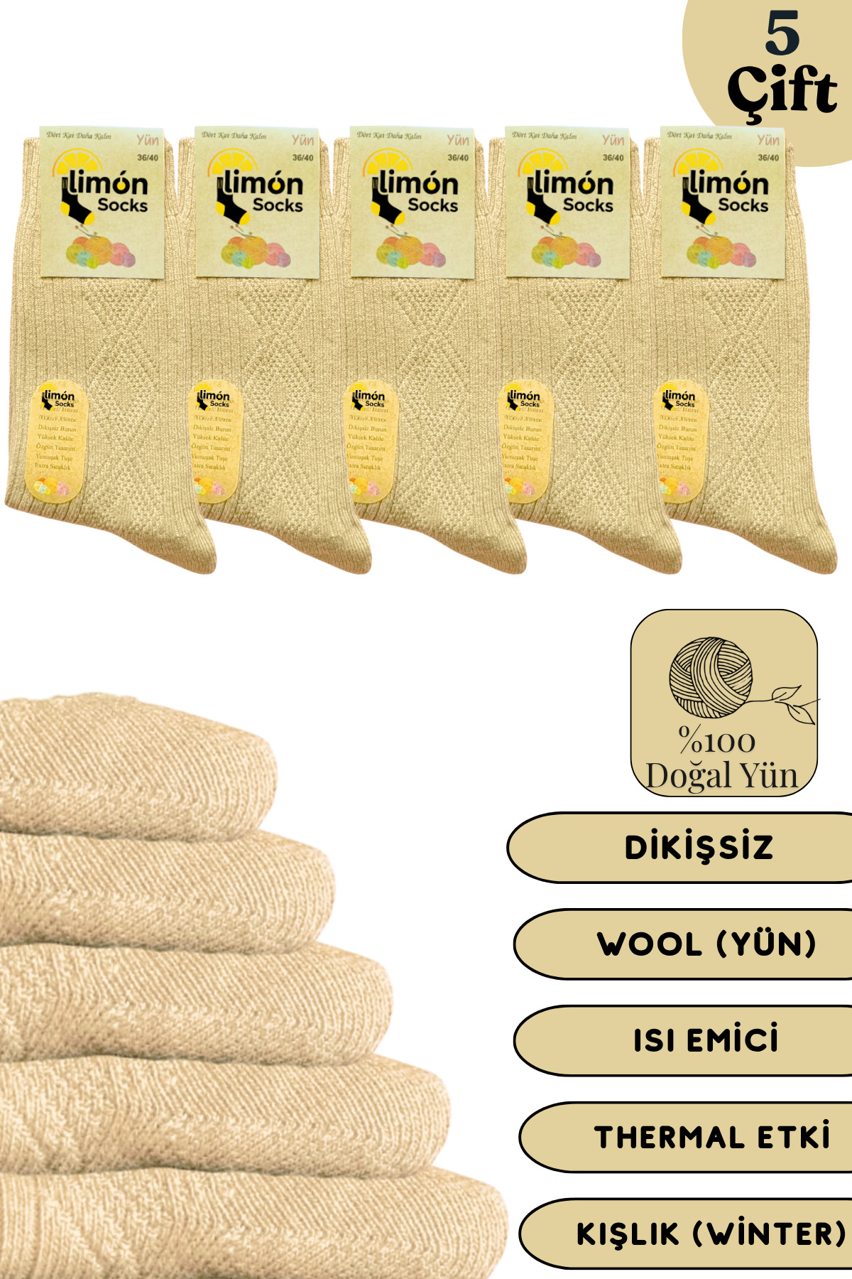 Kışlık Lambswool Yün Çorabı (5 Çift) Kadınlar Için Termal Özellikli (kuzu Yünlü) Kalın Çorap — görsel 3