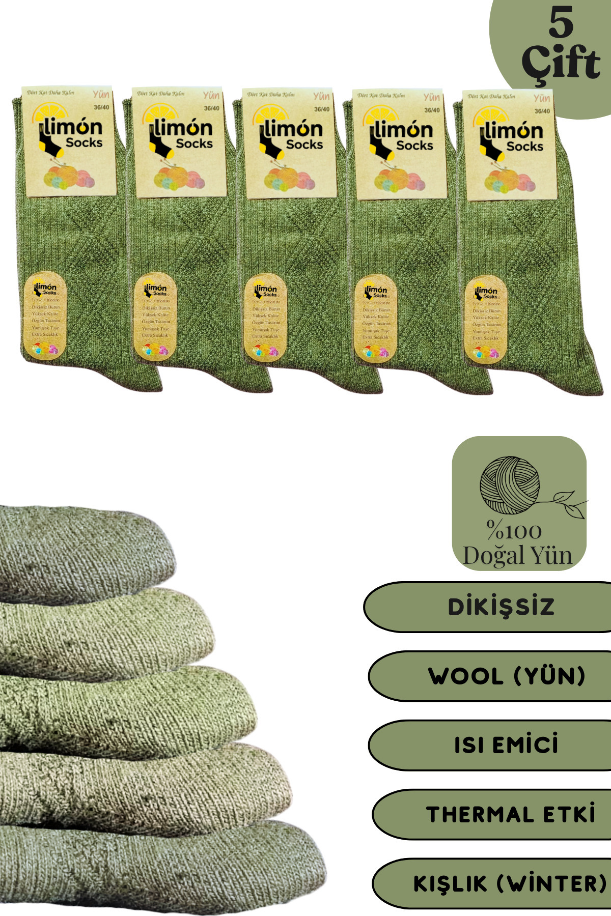 Kışlık Lambswool Yün Çorabı (5 Çift) Kadınlar Için Termal Özellikli (kuzu Yünlü) Kalın Çorap — görsel 6