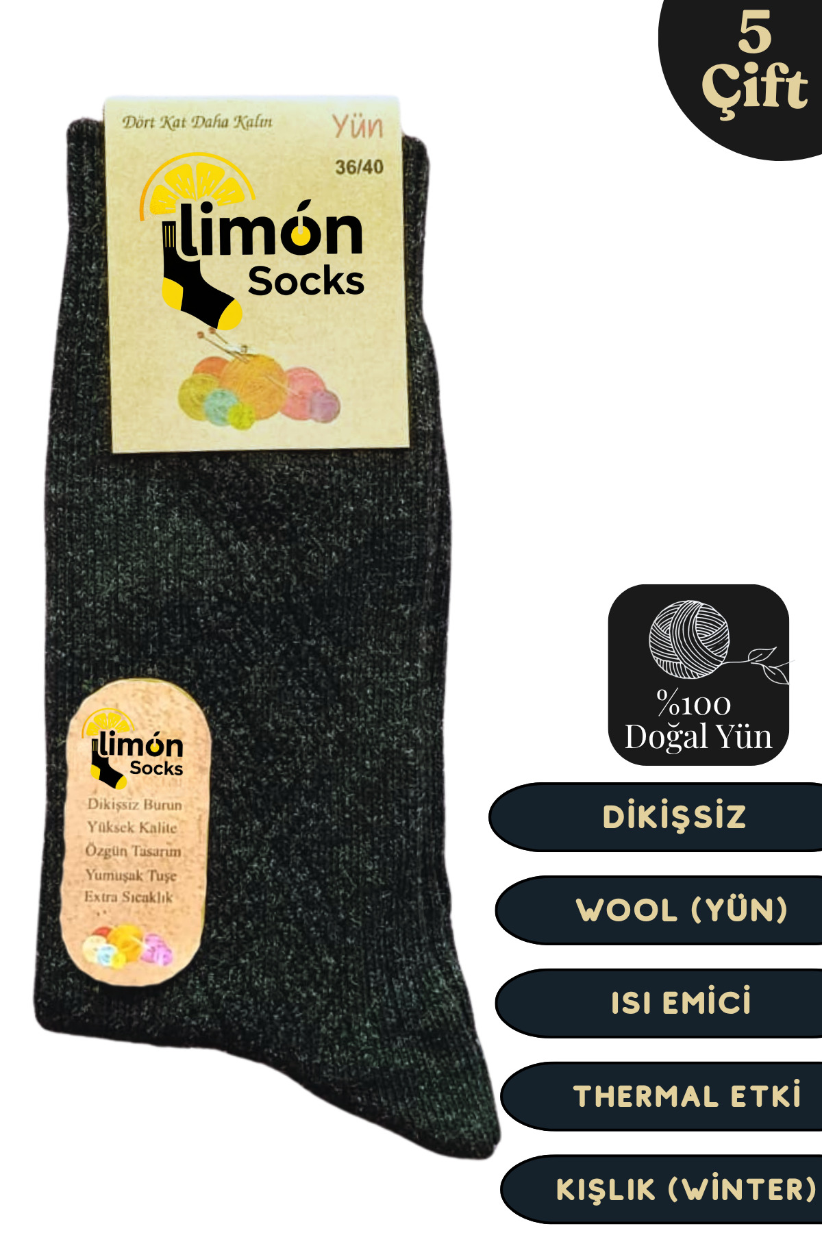 Kışlık Lambswool Yün Çorabı (5 Çift) Kadınlar Için Termal Özellikli (kuzu Yünlü) Kalın Çorap — görsel 2