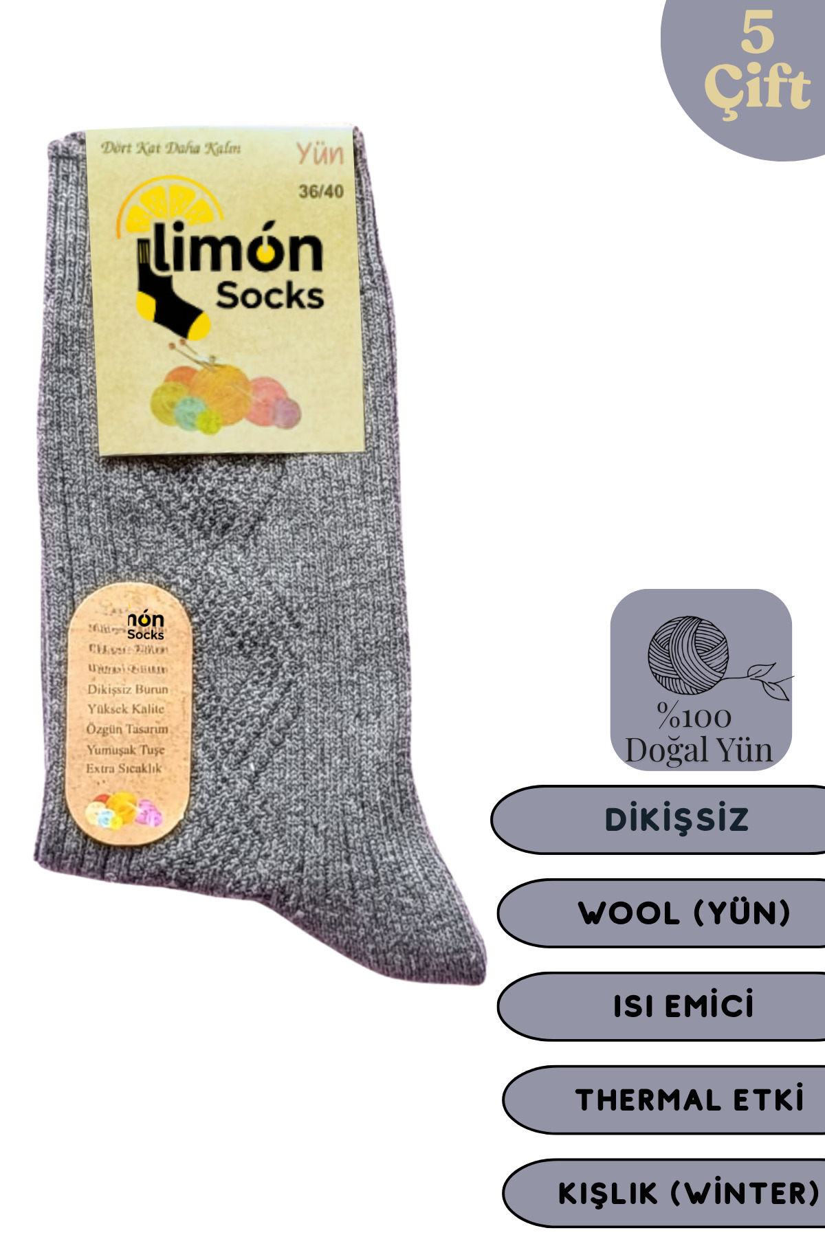 Kışlık Lambswool Yün Çorabı (5 Çift) Kadınlar Için Termal Özellikli (kuzu Yünlü) Kalın Çorap — görsel 2