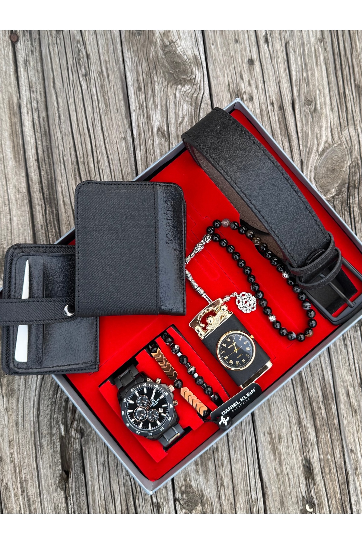 Daniel Klein Orijinal Daniel Klein Kol Saati Kemer Cüzdan Kartlık Doğal Taş Tespih ve Bileklik Çakmak Seti DK05