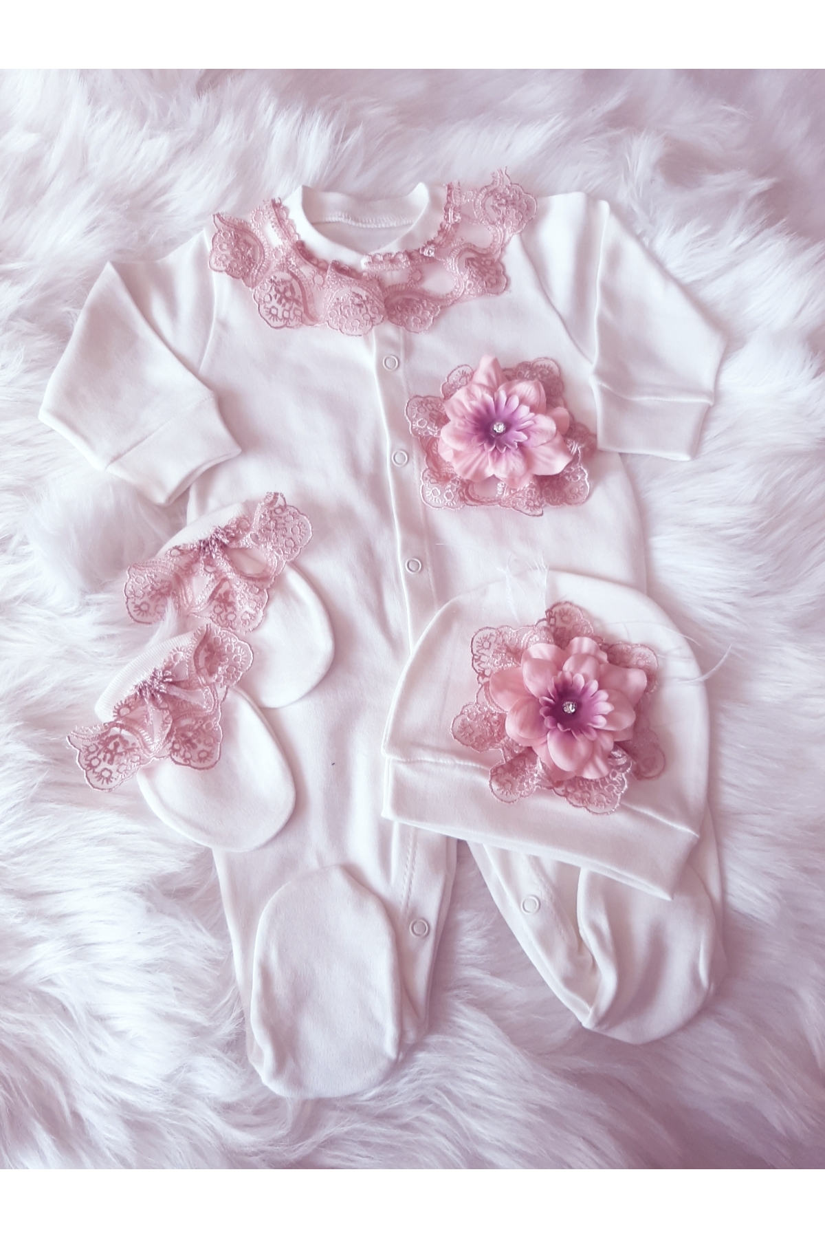 Şeker Tadında Tasarımlar Yakası Pudra Güpür Detaylı Tulum Seti - Hastane Çıkışı - Mevlüt Takımı fotoğrafı 3 (önizleme)