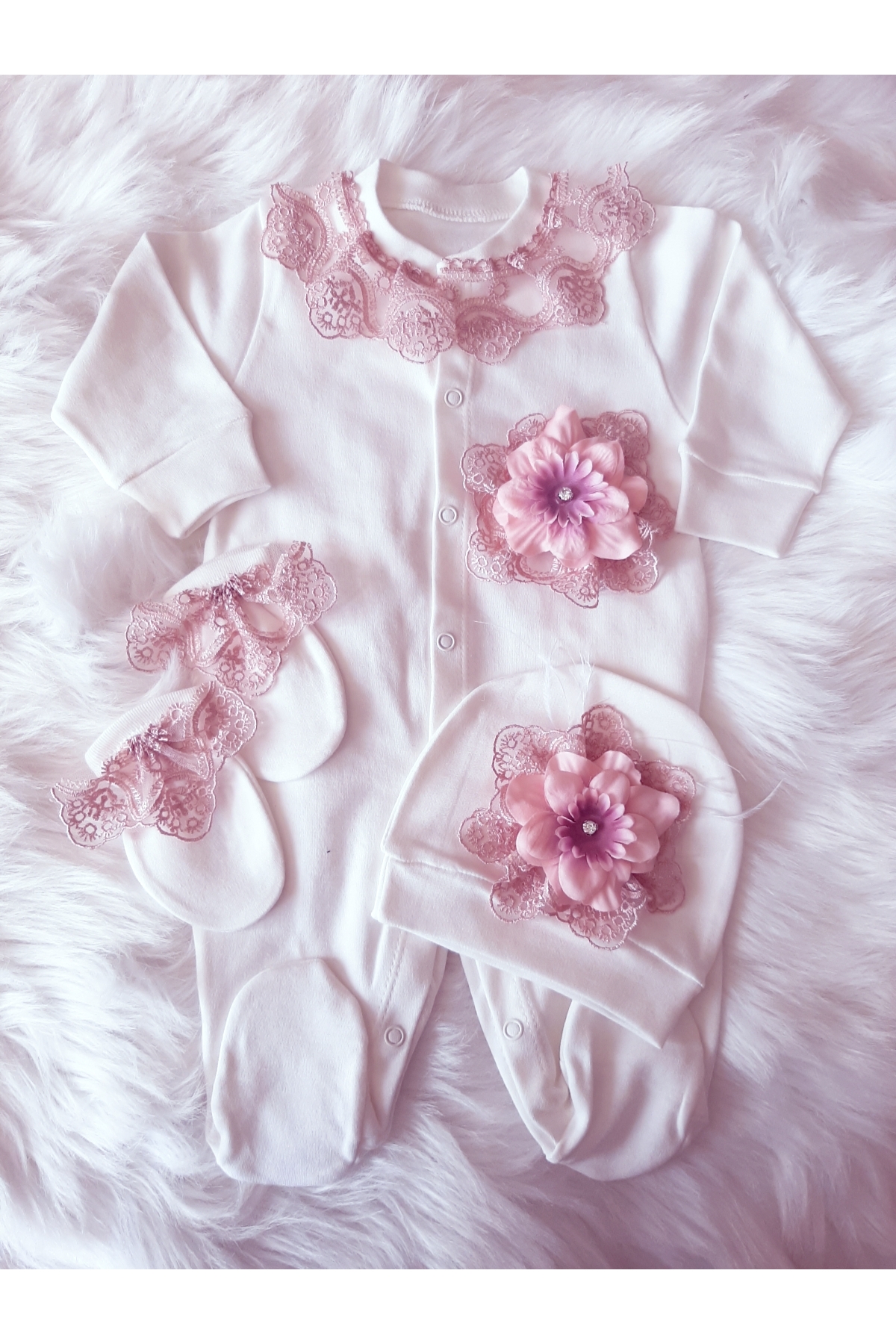 Şeker Tadında Tasarımlar Yakası Pudra Güpür Detaylı Tulum Seti - Hastane Çıkışı - Mevlüt Takımı fotoğrafı 2 (önizleme)