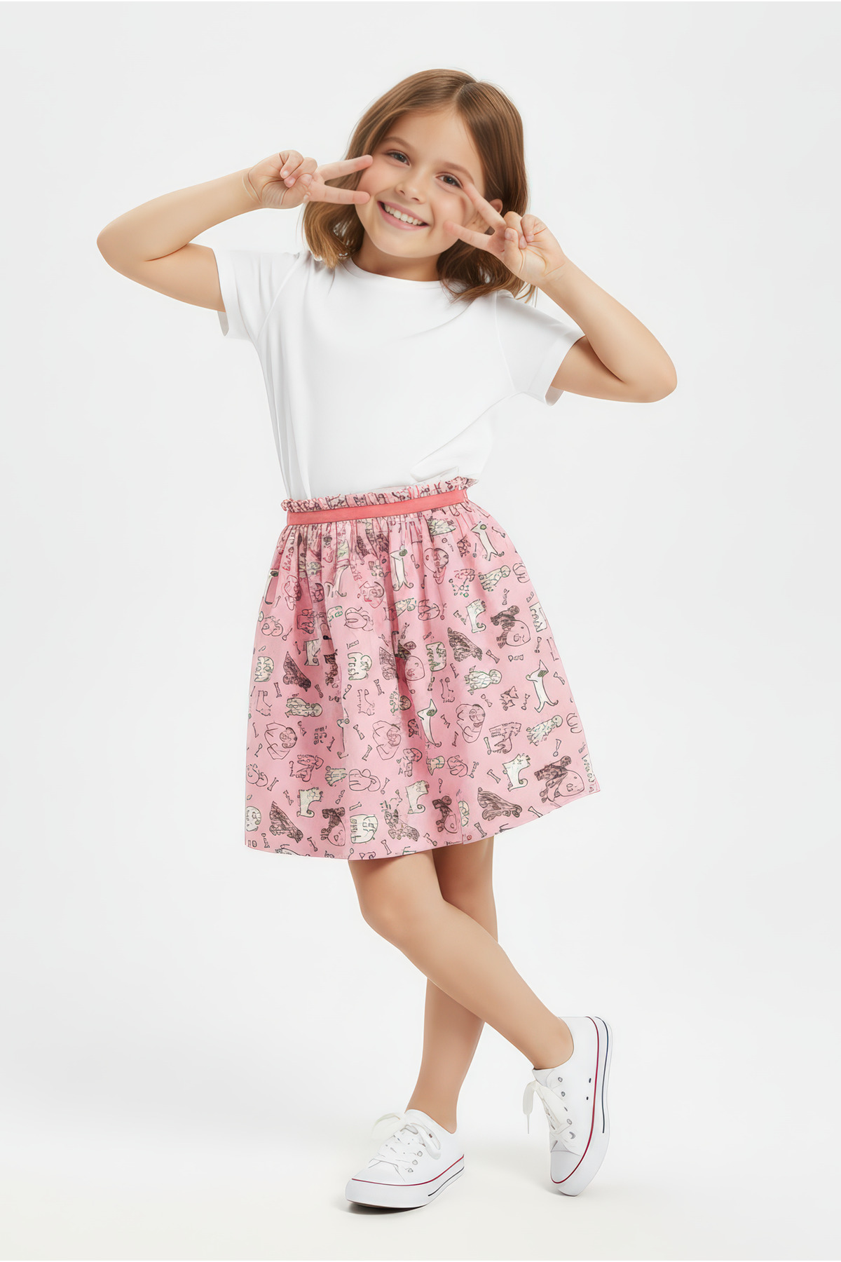 100% Cotton Dog Printed Waist Detailed Girl Skirt - Pink