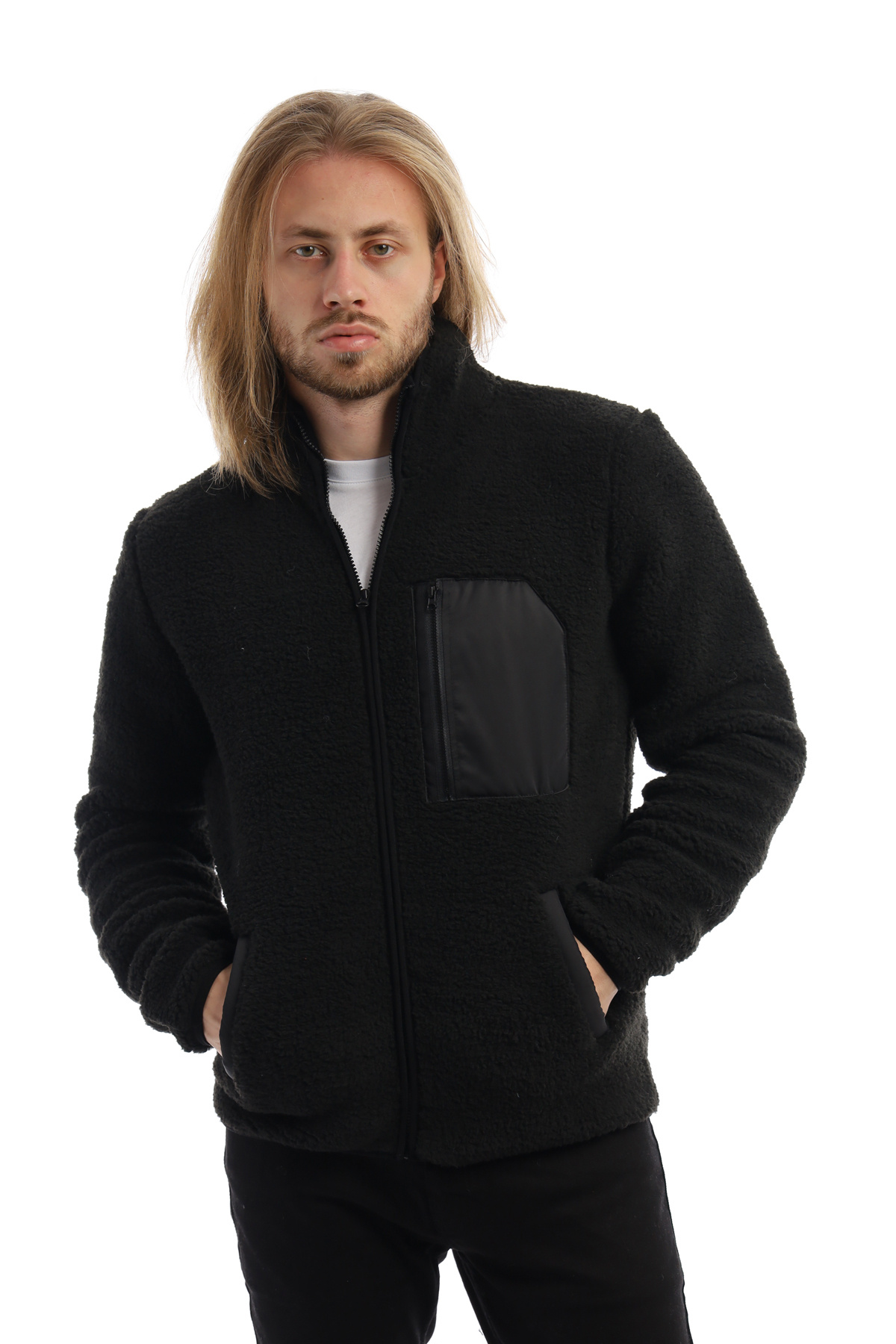 Erkek Dik Yaka Fermuarlı Peluş Ceket Siyah