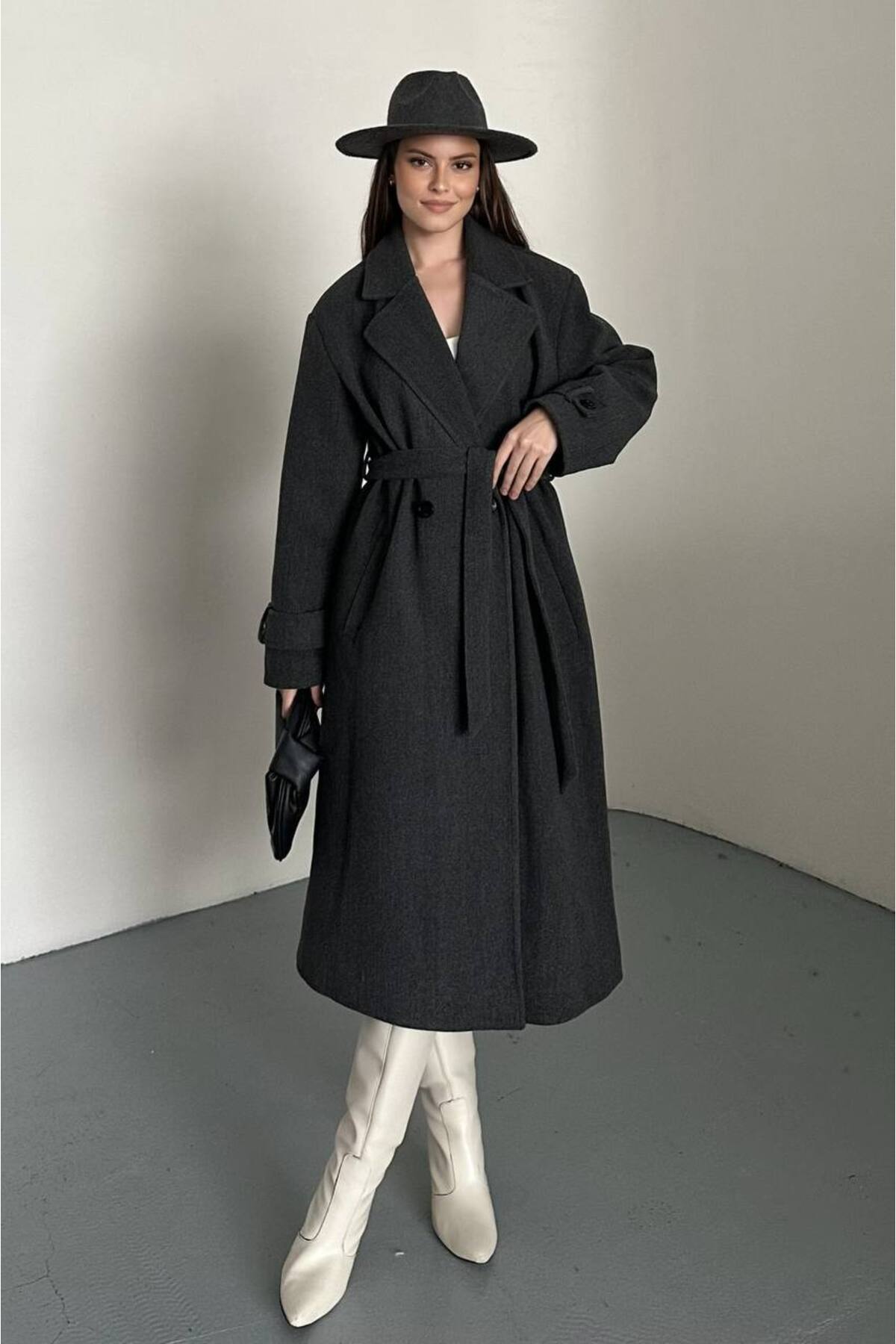 VESS MODA  Kadın Kuşak ve Düğmeli Uzun Kaşe Kaban Antrasit - Görsel 5
