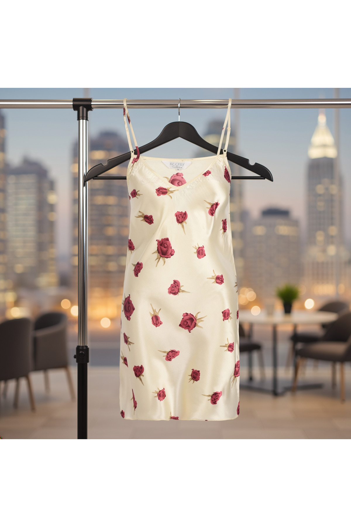 Genel Markalar Ip Askılı Çiçek Motifli Saten Gecelik